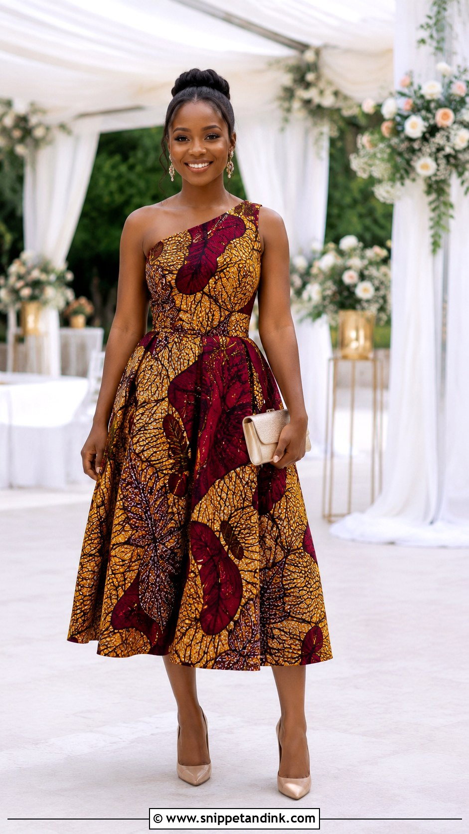 Ankara One Shoulder Midi Dress Outfit - Snippet and Ink - 20 African Wedding Outfits