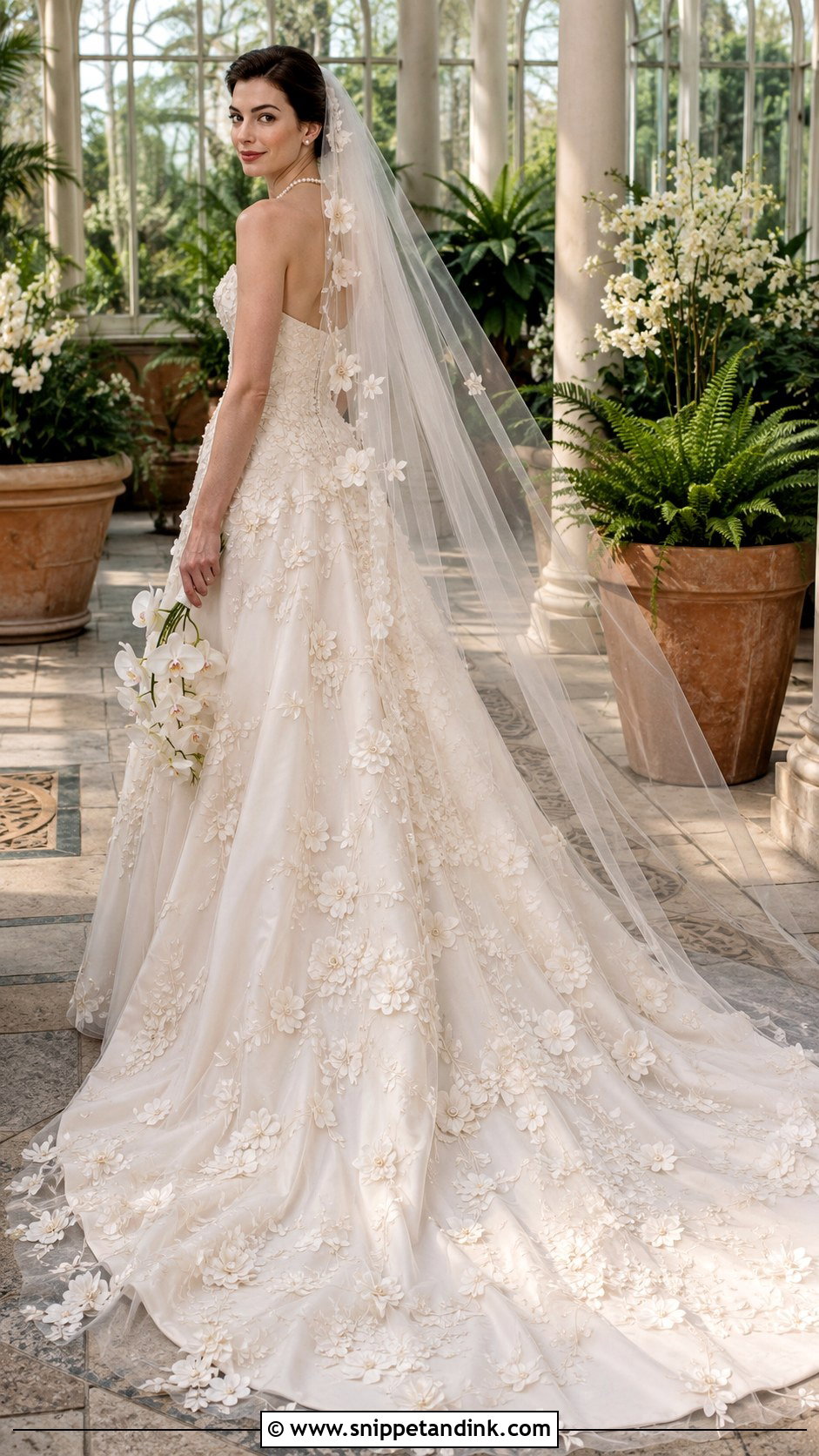 Anne Hathaway Floral Train Wedding Dress - Snippet and Ink - 20 Anne Hathaway Wedding Dress Ideas