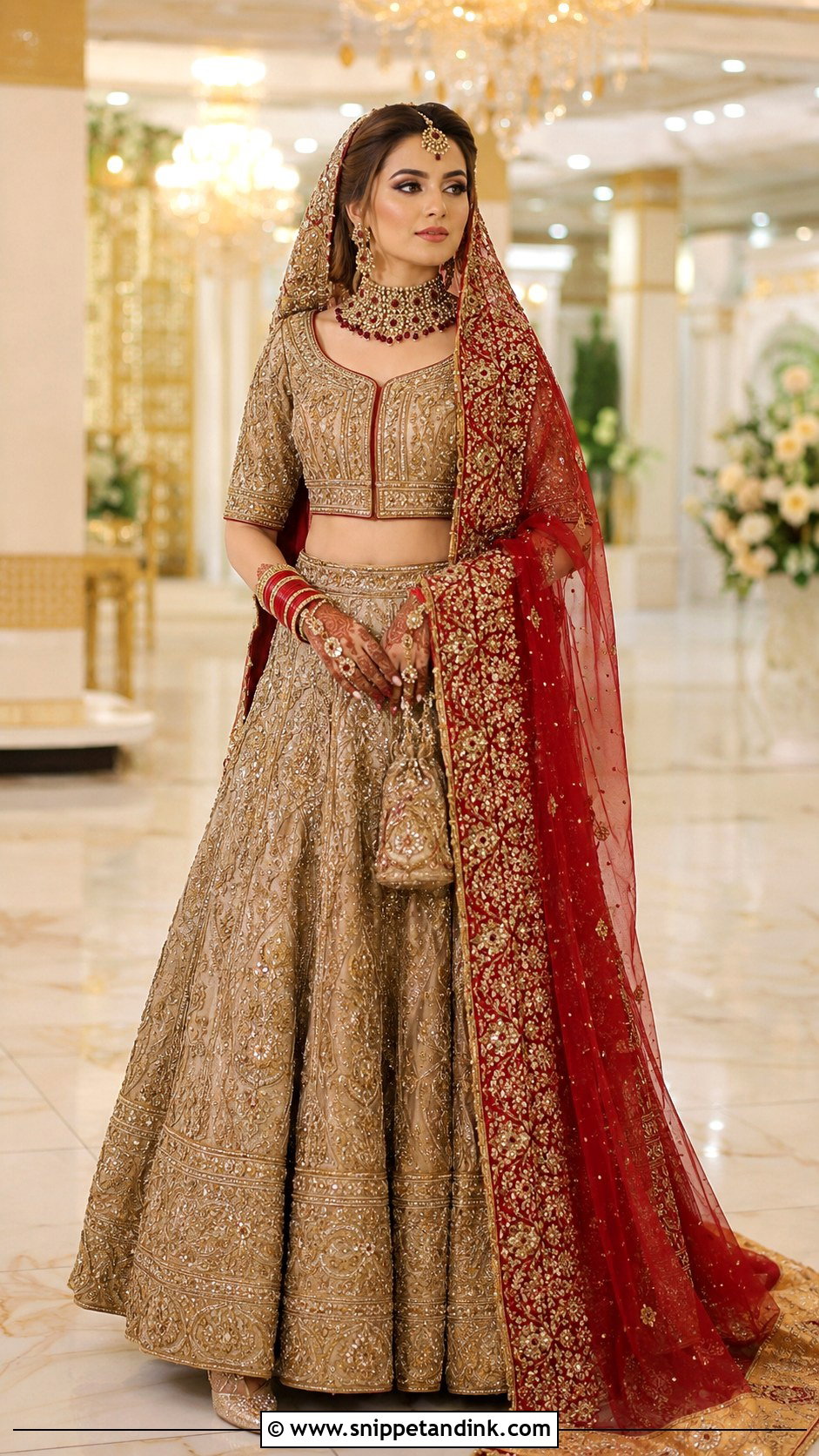 Antique Gold Lehenga With Red Dupatta Barat Dress - Snippet and Ink - 20 Barat Dress for Bride Ideas
