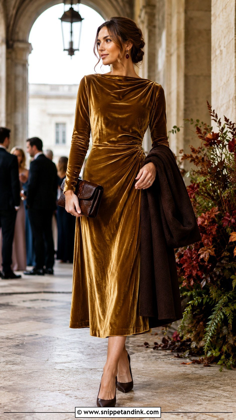 Antique Gold Velvet Dress With Closed Toe Heels - Snippet and Ink - 20 Gold Dress for Wedding Ideas