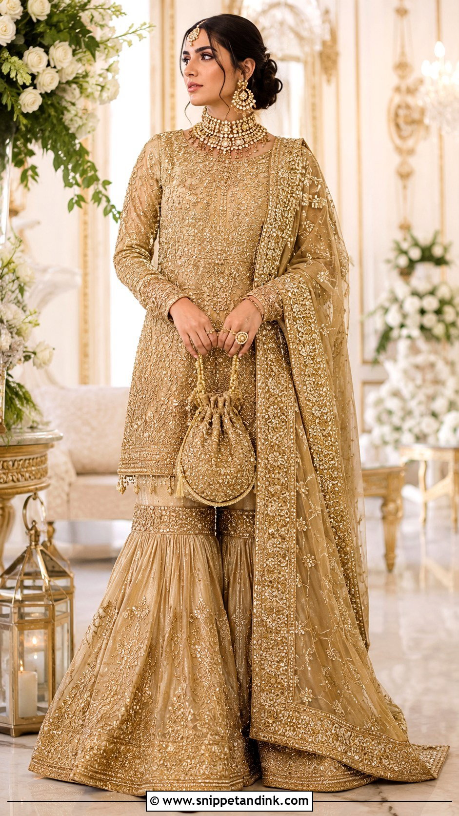 Antique Gold Walima Bridal Gharara - Snippet and Ink - 30 Walima Bridal Look Ideas