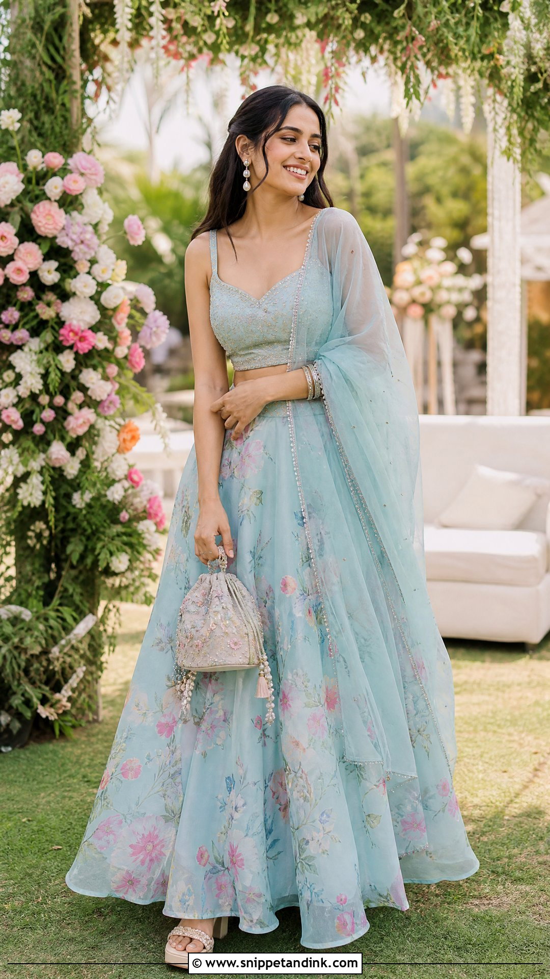 Aqua Blue Floral Lehenga Sangeet Outfit - Snippet and Ink - 20 Blue Sangeet Outfit Ideas