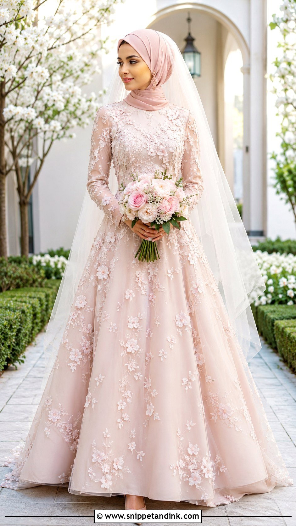 Arab Bride Blush Floral Gown - Snippet and Ink - 20 Arab Bride Dress Ideas