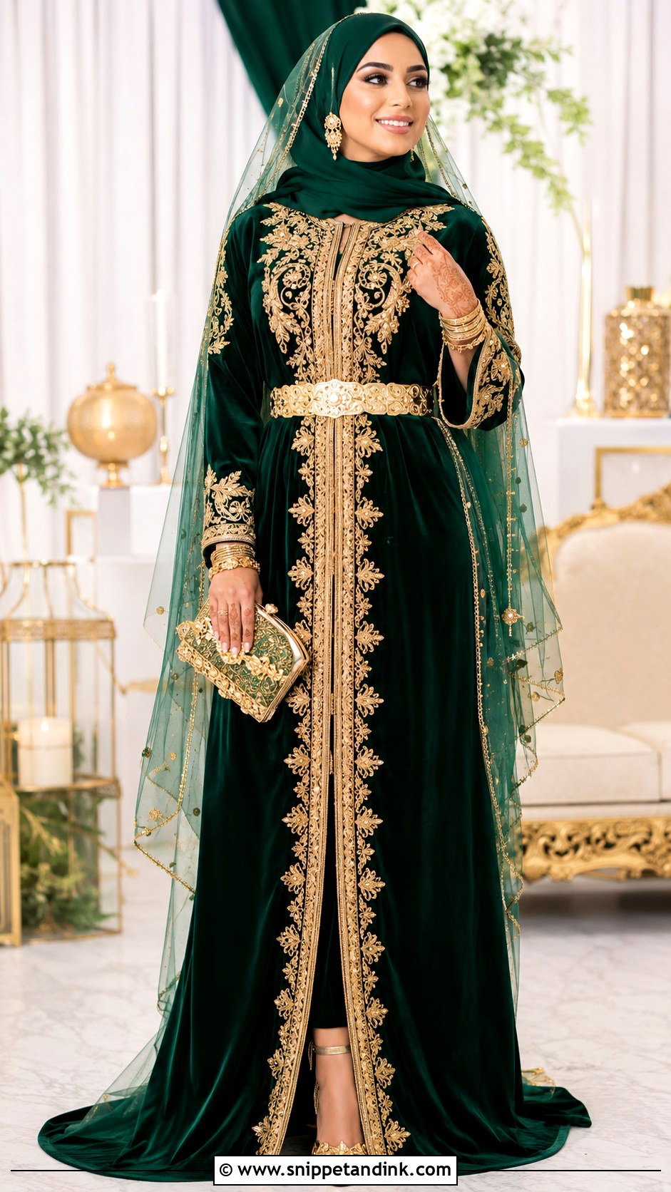 Arab Bride Green Henna Kaftan - Snippet and Ink - 20 Arab Bride Dress Ideas