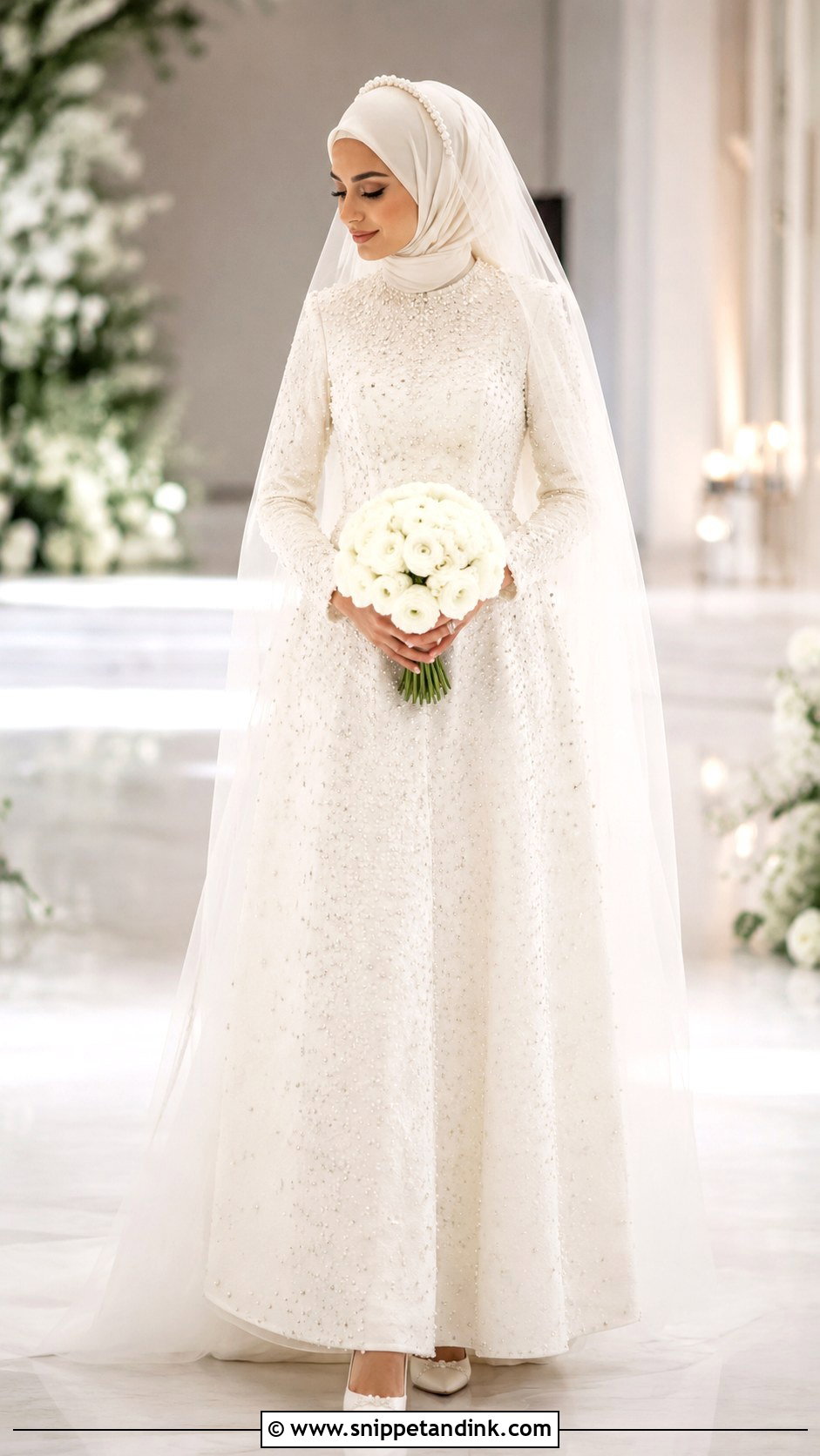 Arab Bride Pearl Embellished A Line Gown - Snippet and Ink - 20 Arab Bride Dress Ideas