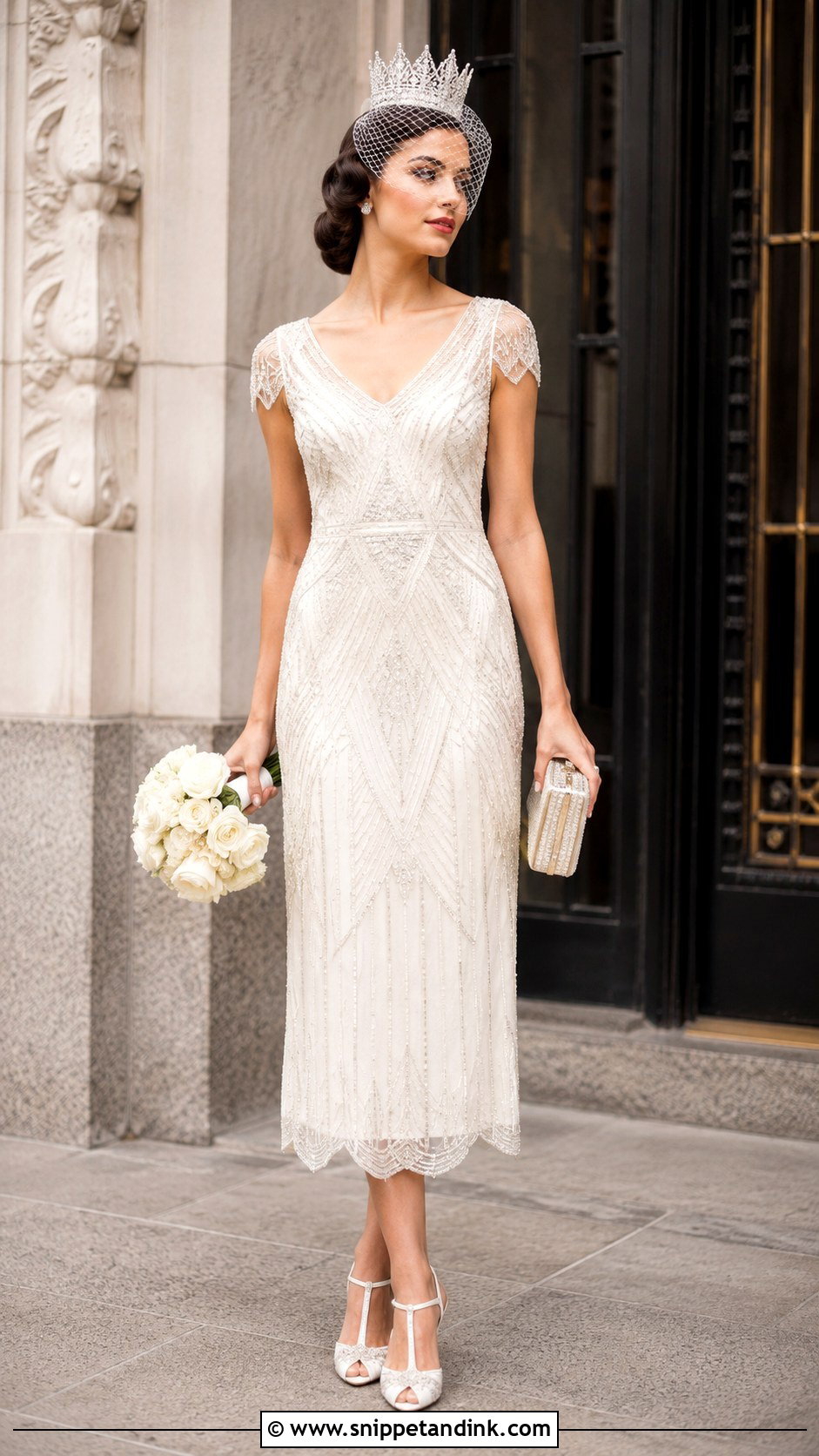 Art Deco Crown Bride With Tea Length Dress - Snippet and Ink - 20 Crown Bride Ideas