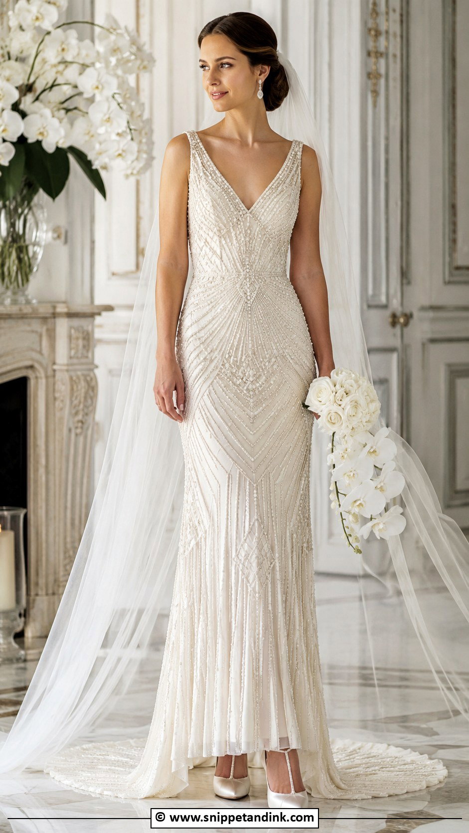 Art Deco V Neck Wedding Dress - Snippet and Ink - 30 Art Deco Wedding Dress Ideas