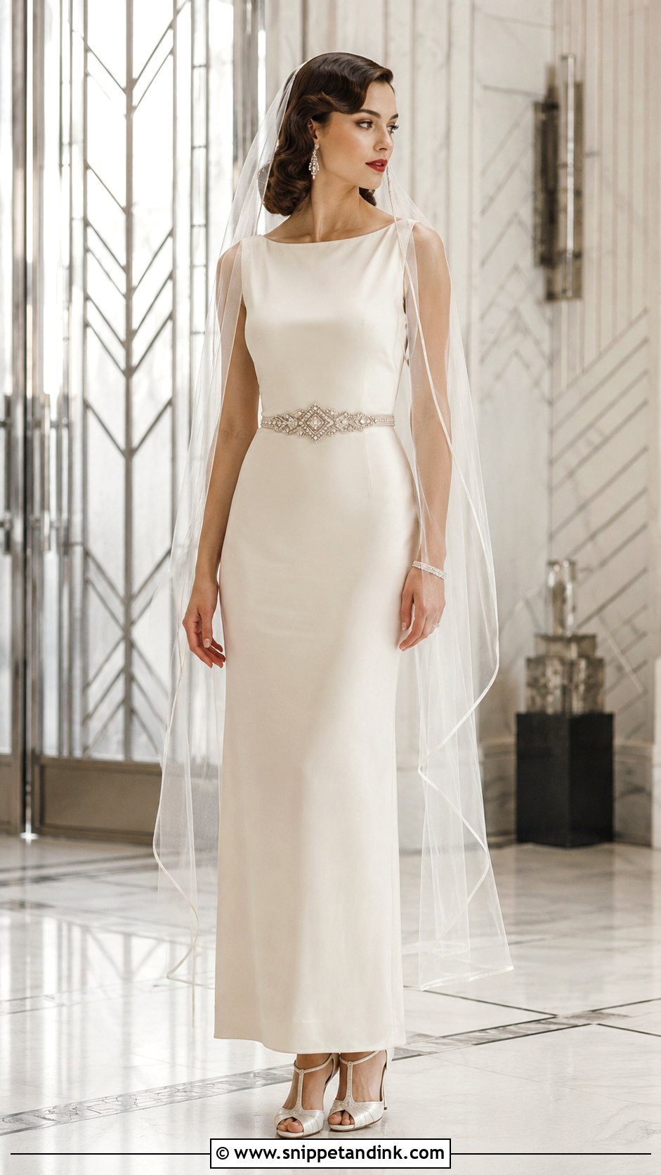 Art Deco Wedding Dress Belt With Column Gown - Snippet and Ink - 20 Wedding Dress Belt Ideas