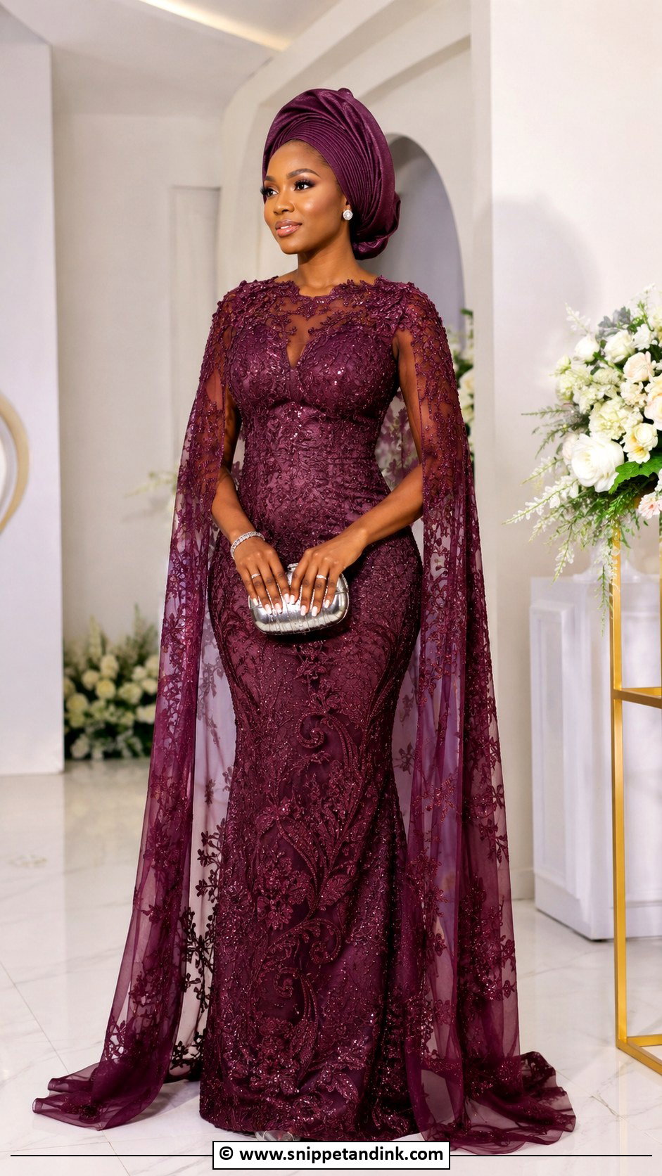 Aso Ebi Lace Cape Gown - Snippet and Ink - 30 Latest Aso Ebi Lace Gown Styles
