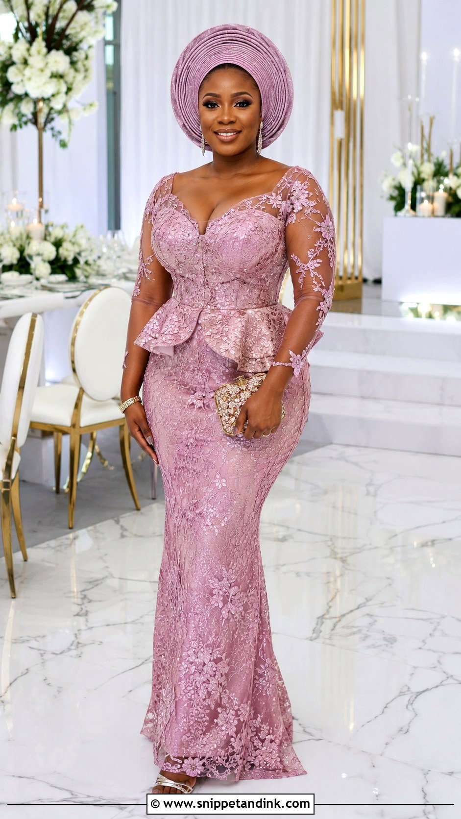 Aso Ebi Lace Gown With Gele - Snippet and Ink - 20 African Wedding Outfits