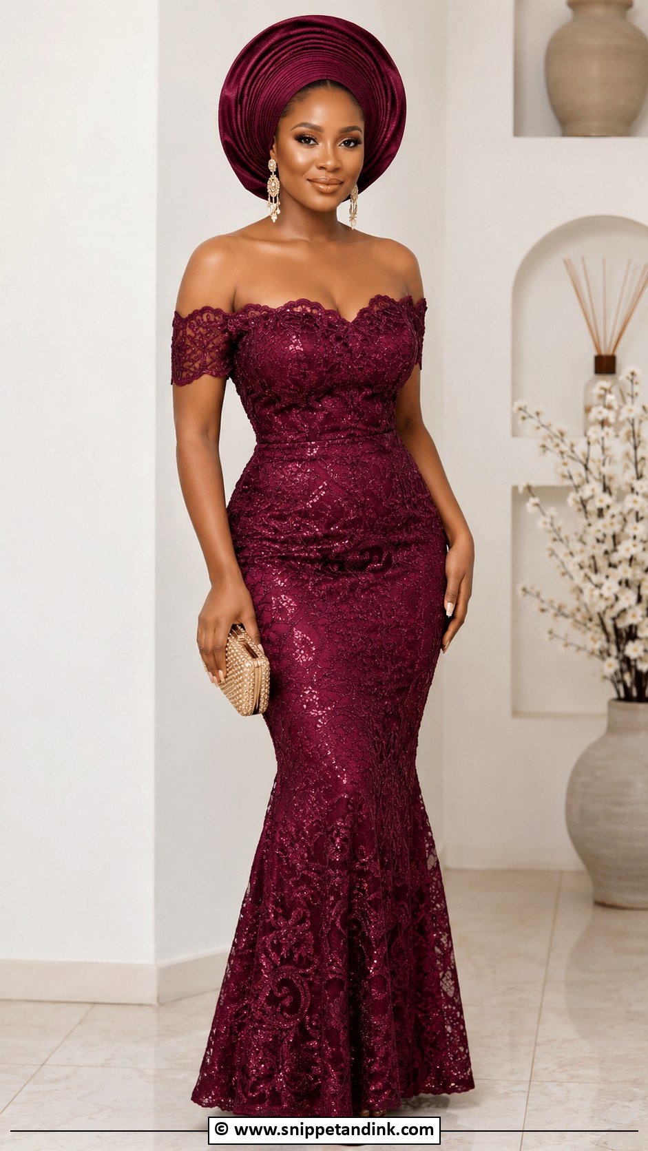 Aso Ebi Lace Off Shoulder Gown - Snippet and Ink - 30 Latest Aso Ebi Lace Gown Styles
