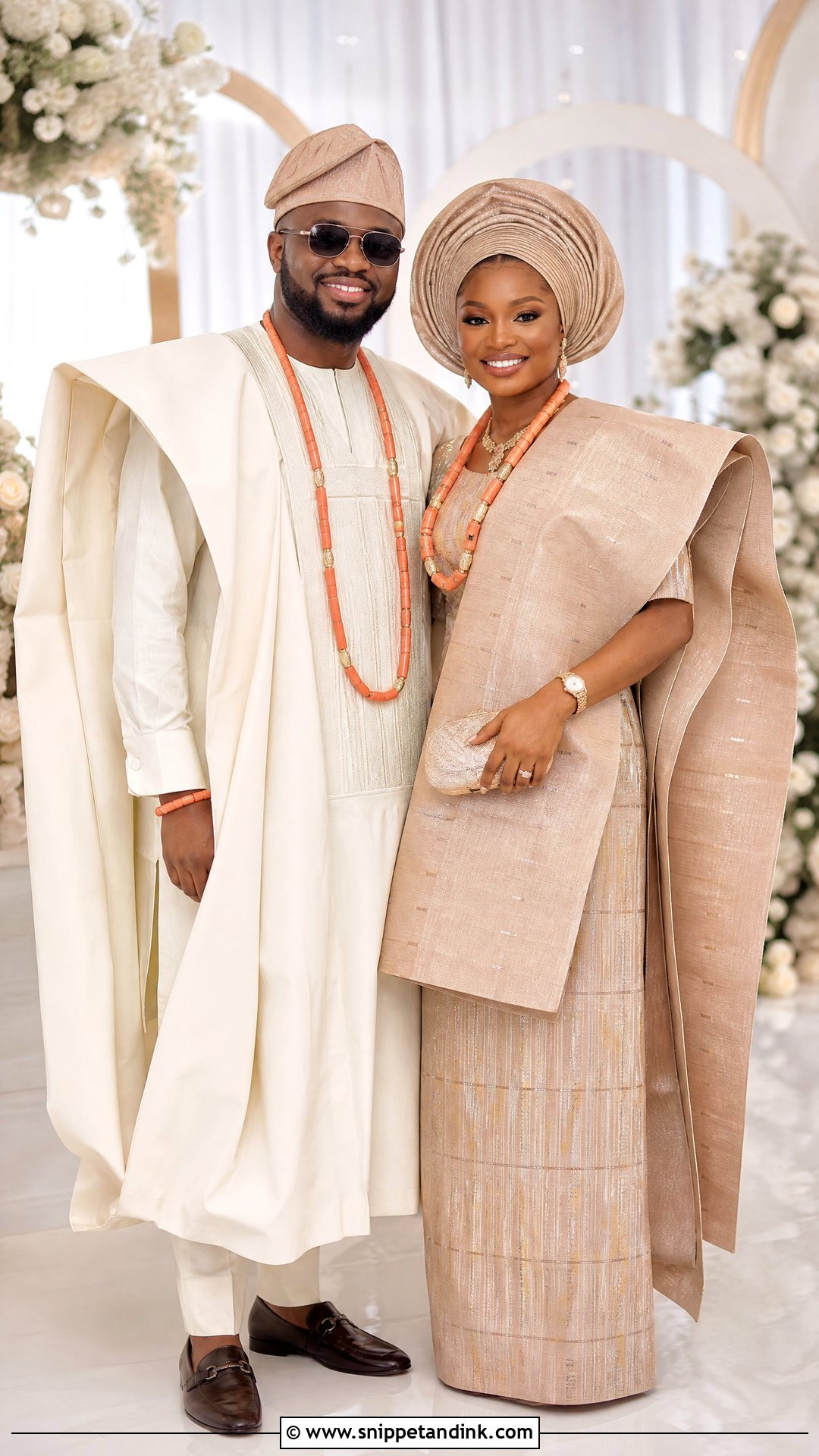 Aso Oke With Matching Groom Outfit - Snippet and Ink - 25 Yoruba Bride Traditional Attire Ideas