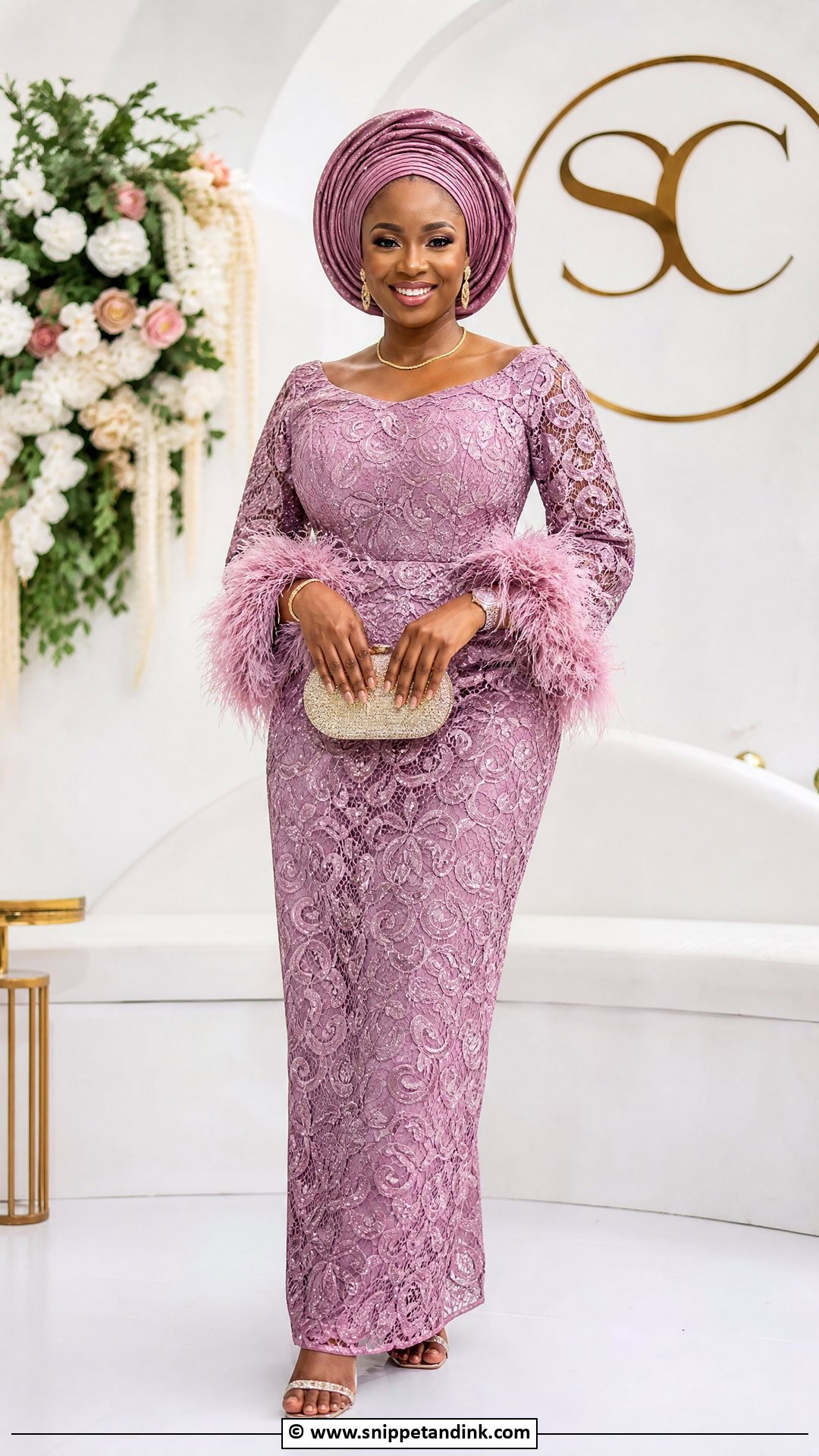 Asoebi Lace Gown With Feather Trim - Snippet and Ink - 35 Classy Asoebi Lace Styles