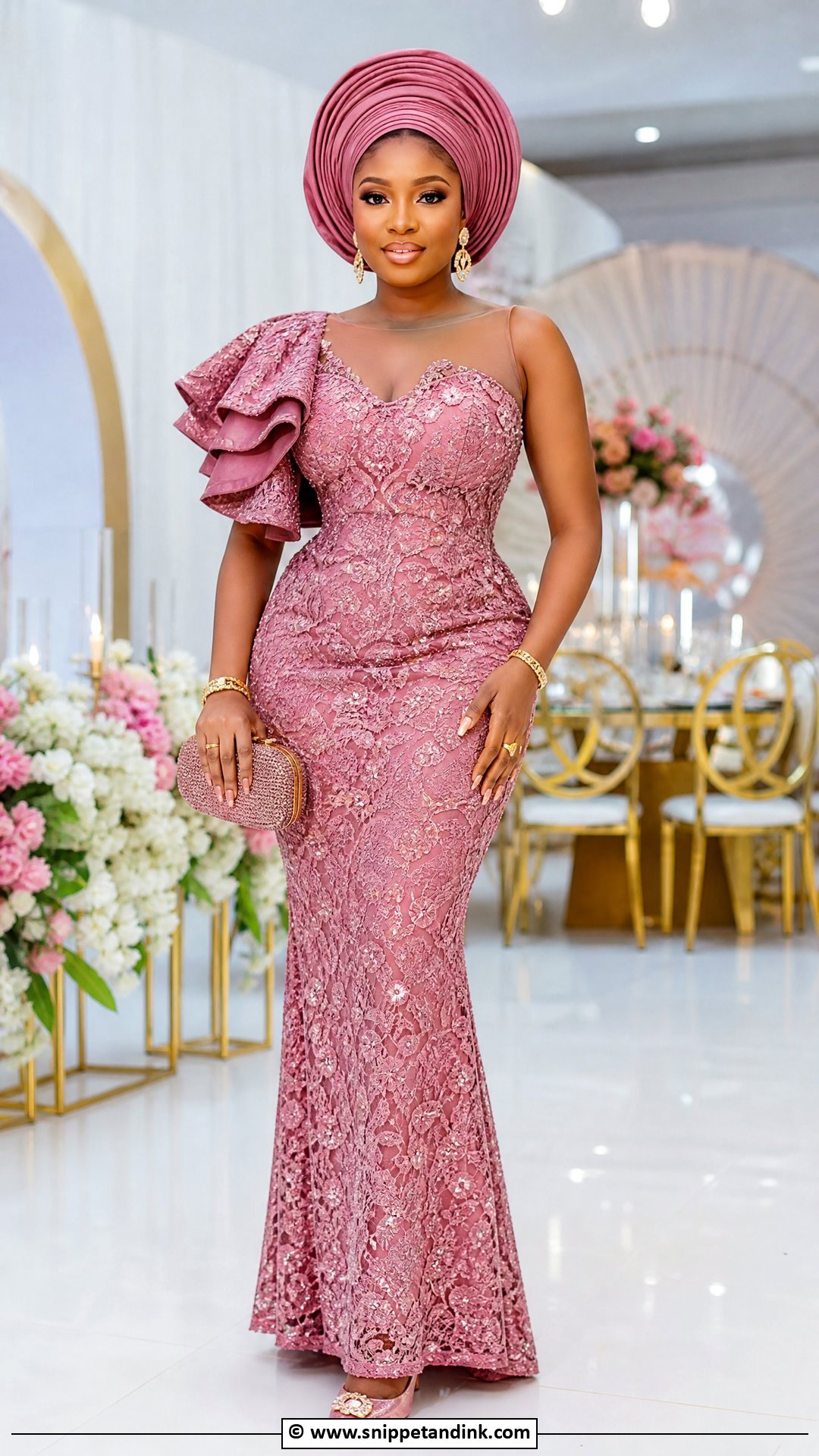 Asoebi Lace Gown With Gele - Snippet and Ink - 35 Classy Asoebi Lace Styles