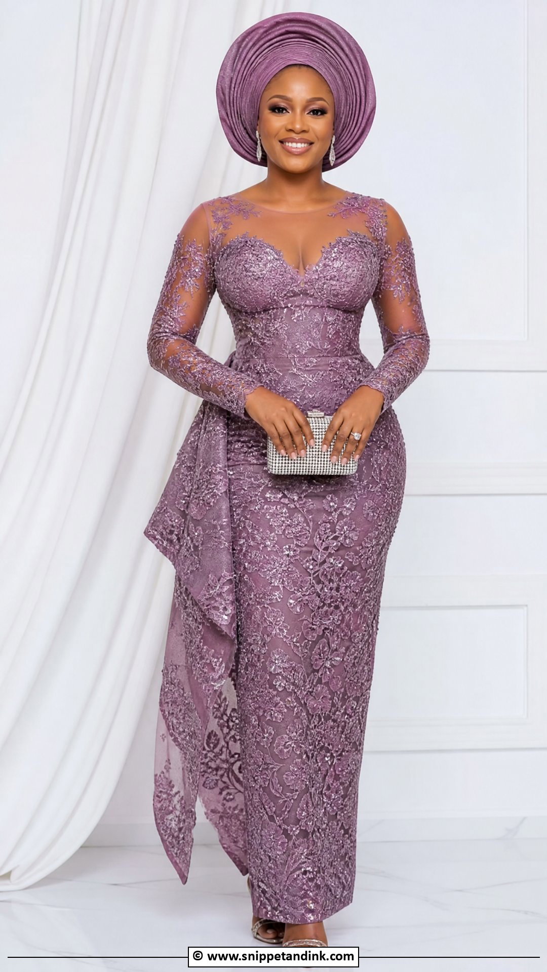 Asoebi Lace Gown With Illusion Neckline - Snippet and Ink - 35 Classy Asoebi Lace Styles
