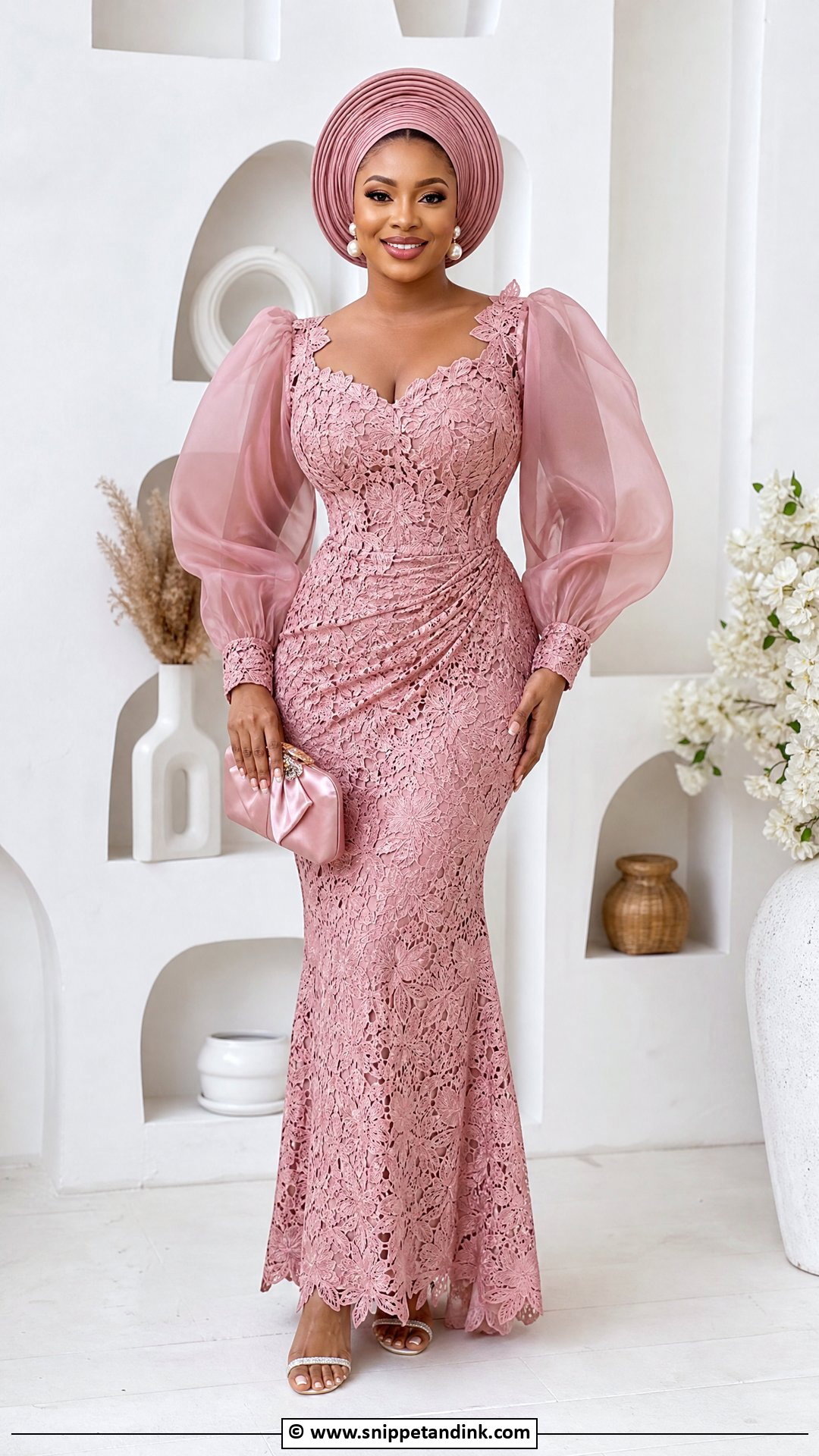 Asoebi Lace Gown With Organza Sleeves - Snippet and Ink - 35 Classy Asoebi Lace Styles