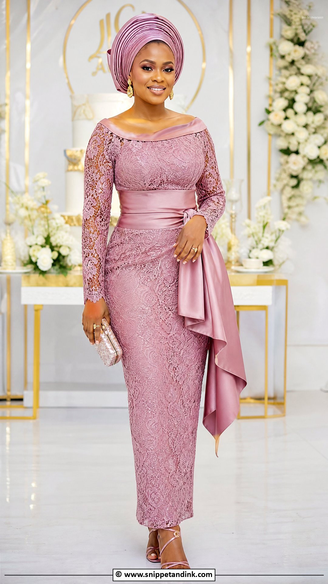 Asoebi Lace Gown With Satin Details - Snippet and Ink - 35 Classy Asoebi Lace Styles