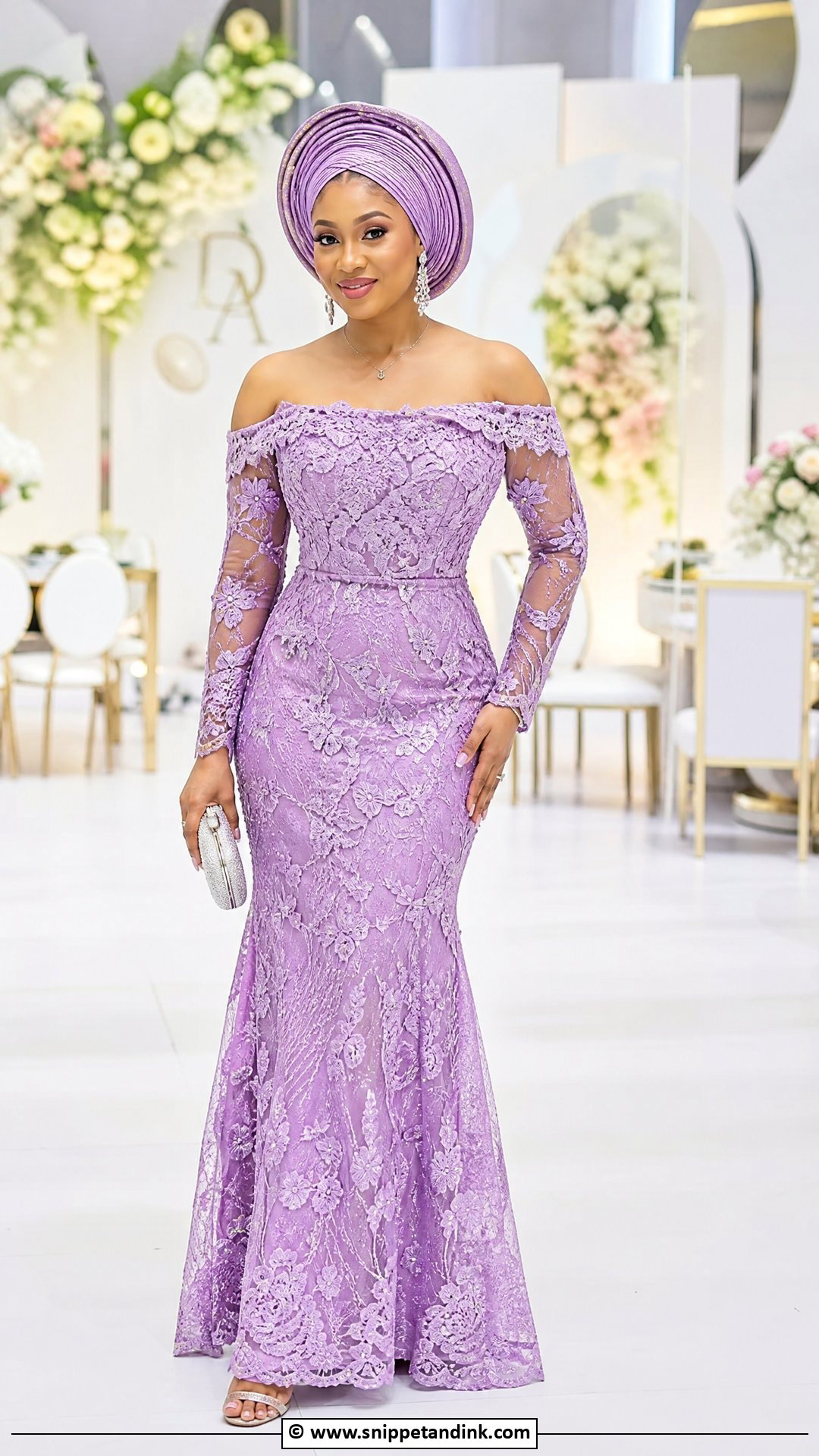Asoebi Lace Off Shoulder Gown - Snippet and Ink - 35 Classy Asoebi Lace Styles