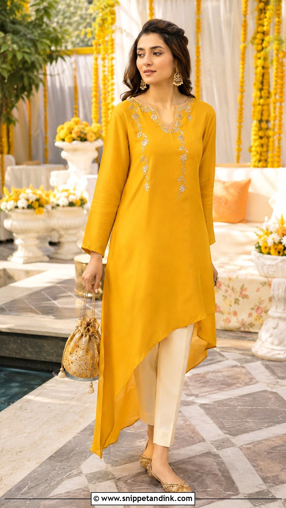 Asymmetrical Kurta And Cigarette Pants Haldi Outfit - Snippet and Ink - 20 Indowestern Haldi Ceremony Outfit Ideas