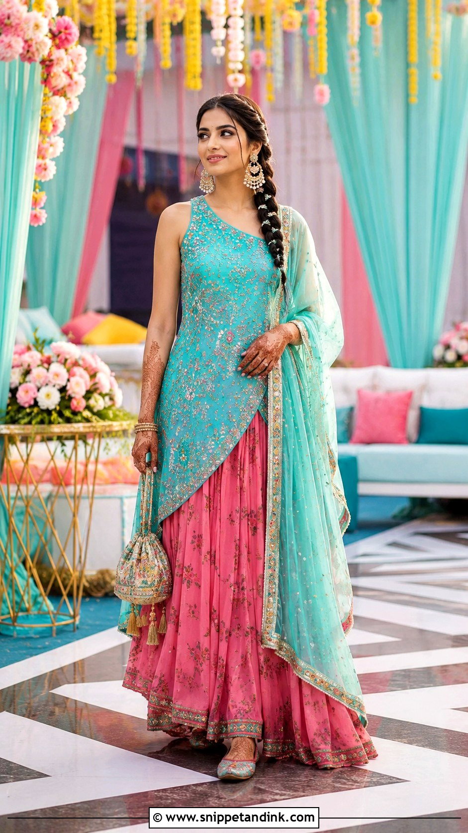 Asymmetrical Kurta And Skirt Mehendi Outfit - Snippet and Ink - 20 Mehendi Ceremony Outfits Brides
