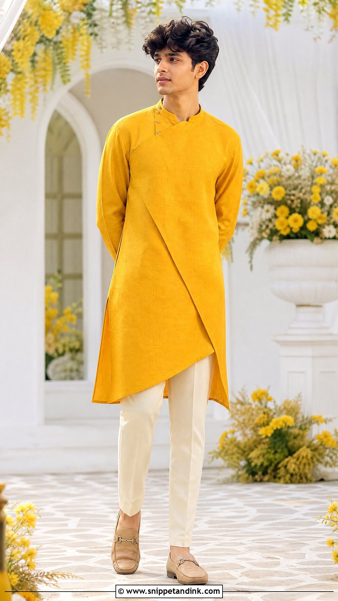 Asymmetrical Kurta With Tapered Pants Haldi Outfit - Snippet and Ink - 20 Boys Haldi Outfit Ideas