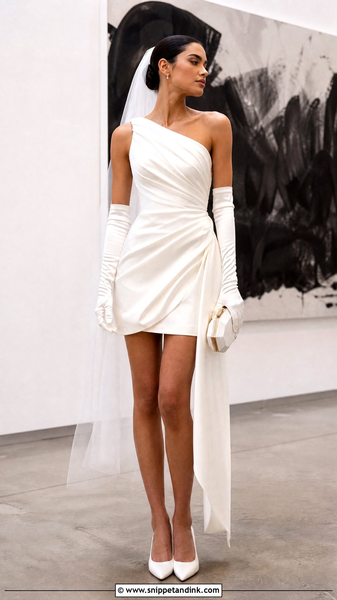 Asymmetrical Mini Wedding Dress With Satin Gloves - Snippet and Ink - 20 Short Wedding Dress with Gloves Ideas
