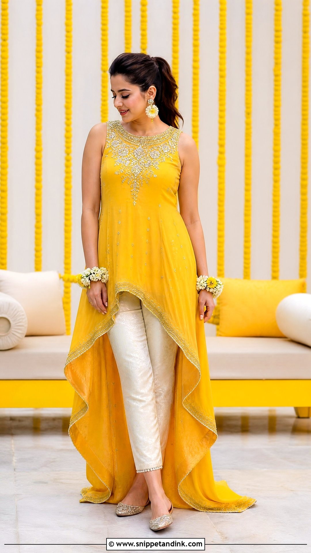 Asymmetrical Yellow Dress With Pants - Snippet and Ink - 20 Western Pithi Outfit Brides Ideas