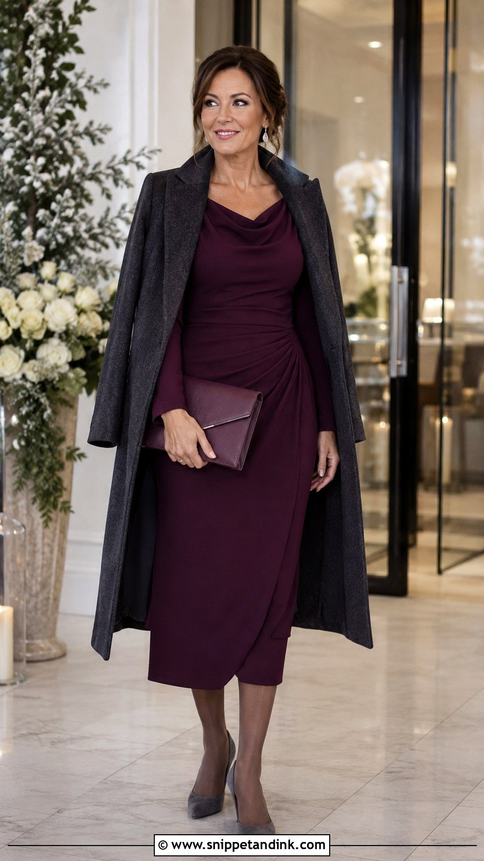 Aubergine Cowl Neck Dress With Gray Heels - Snippet and Ink - 20 Casual Winter Wedding Dress Ideas