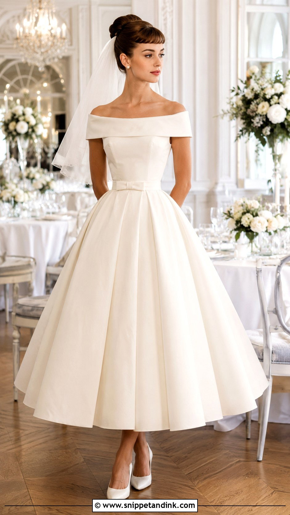 Audrey Hepburn Off Shoulder Wedding Dress - Snippet and Ink - 20 Audrey Hepburn Wedding Dress Inspiration Ideas