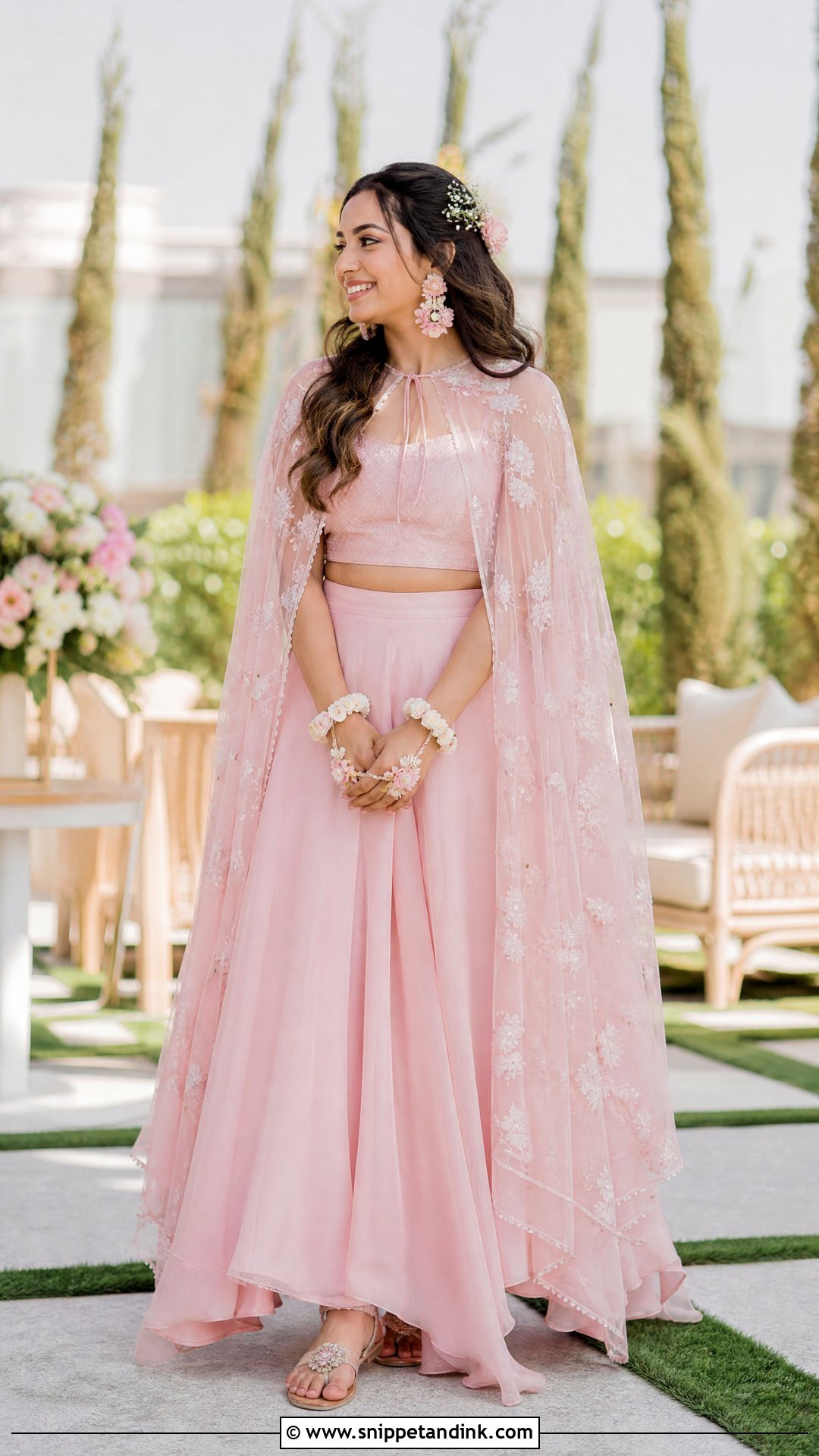 Baby Pink Cape and Skirt for Haldi - Snippet and Ink - 20 Pink Haldi Outfit for Bride Ideas
