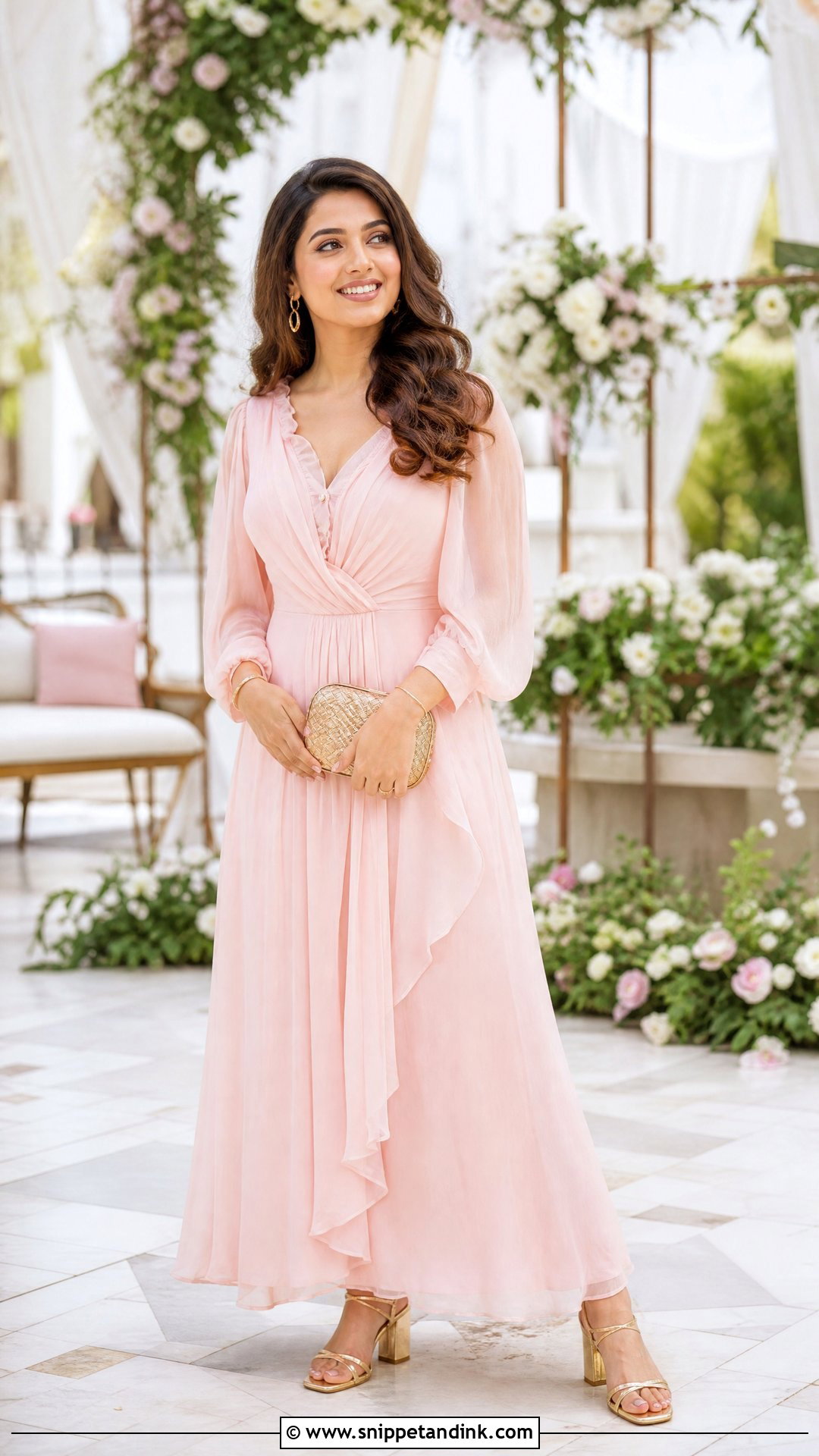 Baby Pink Chiffon Maxi Dress Wedding Outfit - Snippet and Ink - 25 Baby Pink Dress Outfit Wedding Ideas