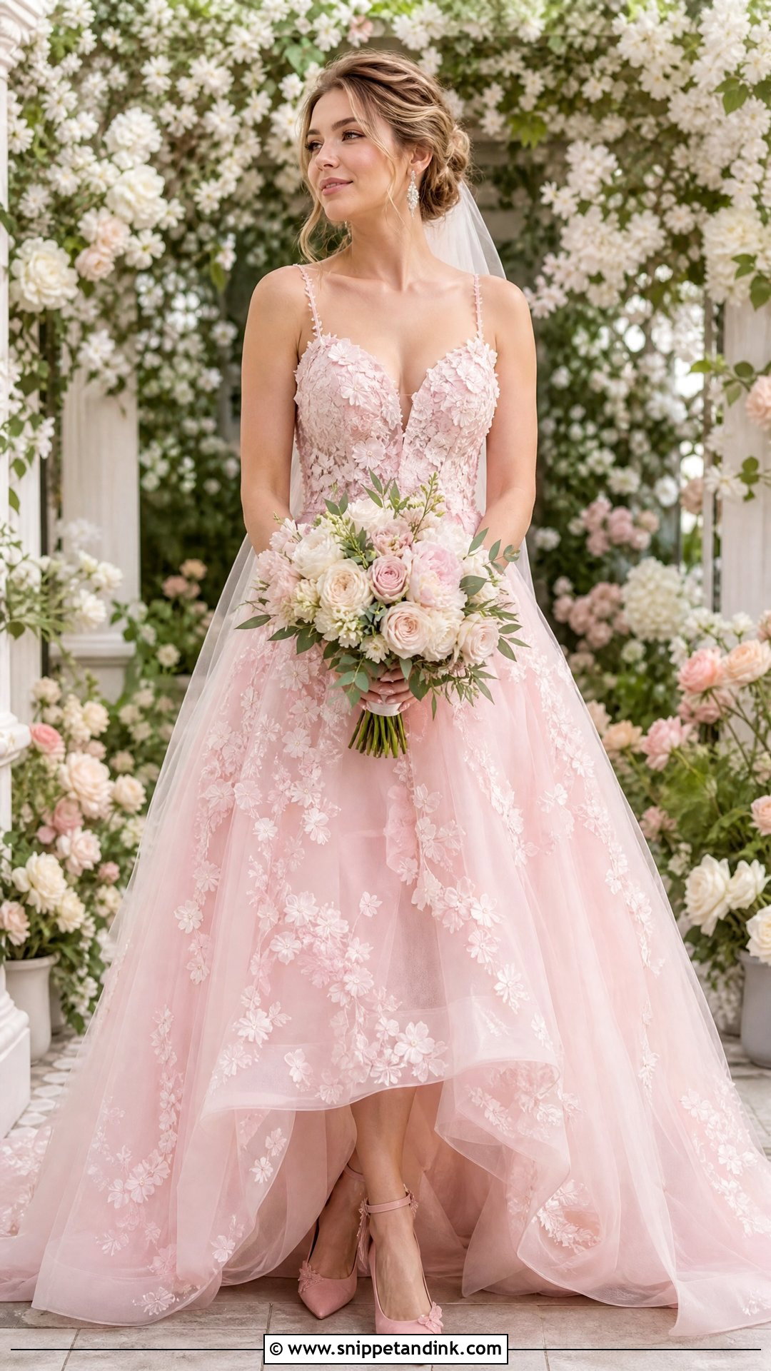 Baby Pink Floral Applique Wedding Dress - Snippet and Ink - 25 Baby Pink Wedding Dress Ideas