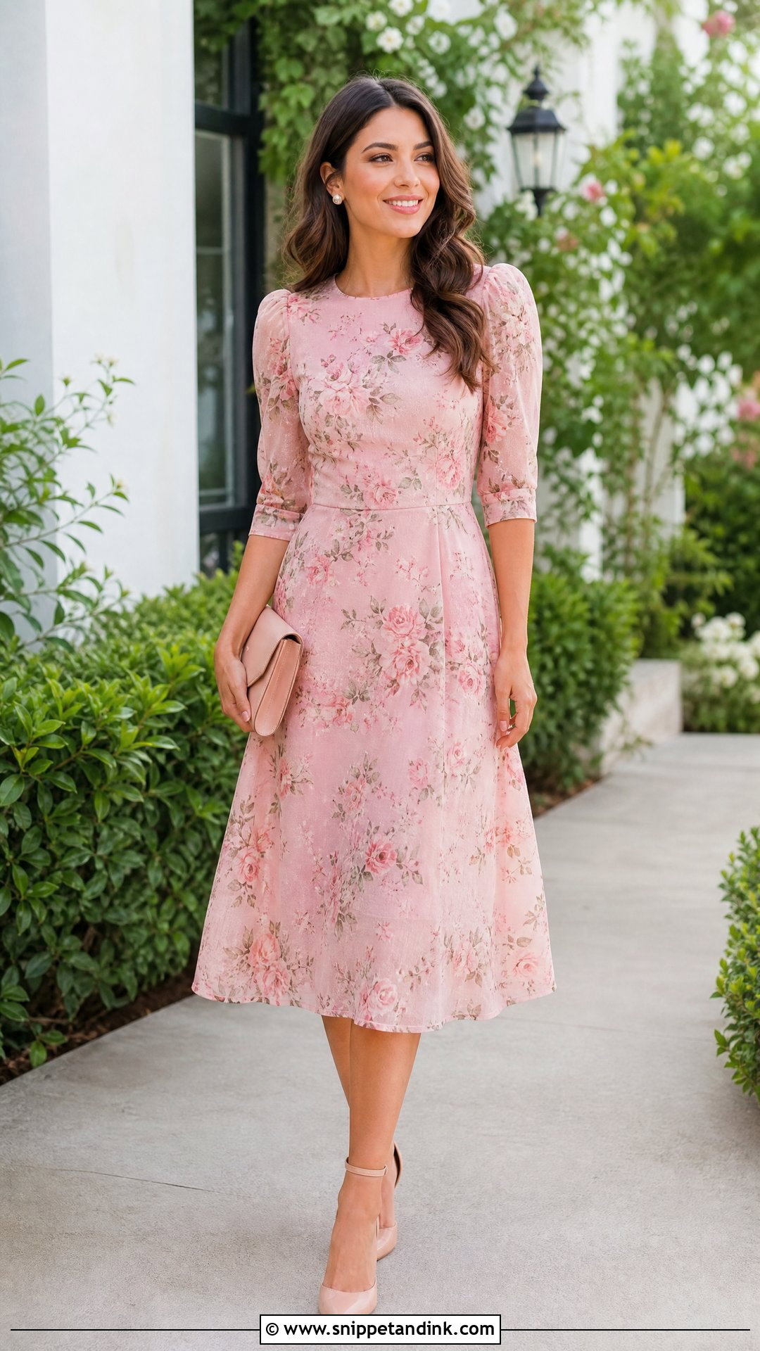 Baby Pink Floral Midi Dress Wedding Outfit - Snippet and Ink - 25 Baby Pink Dress Outfit Wedding Ideas