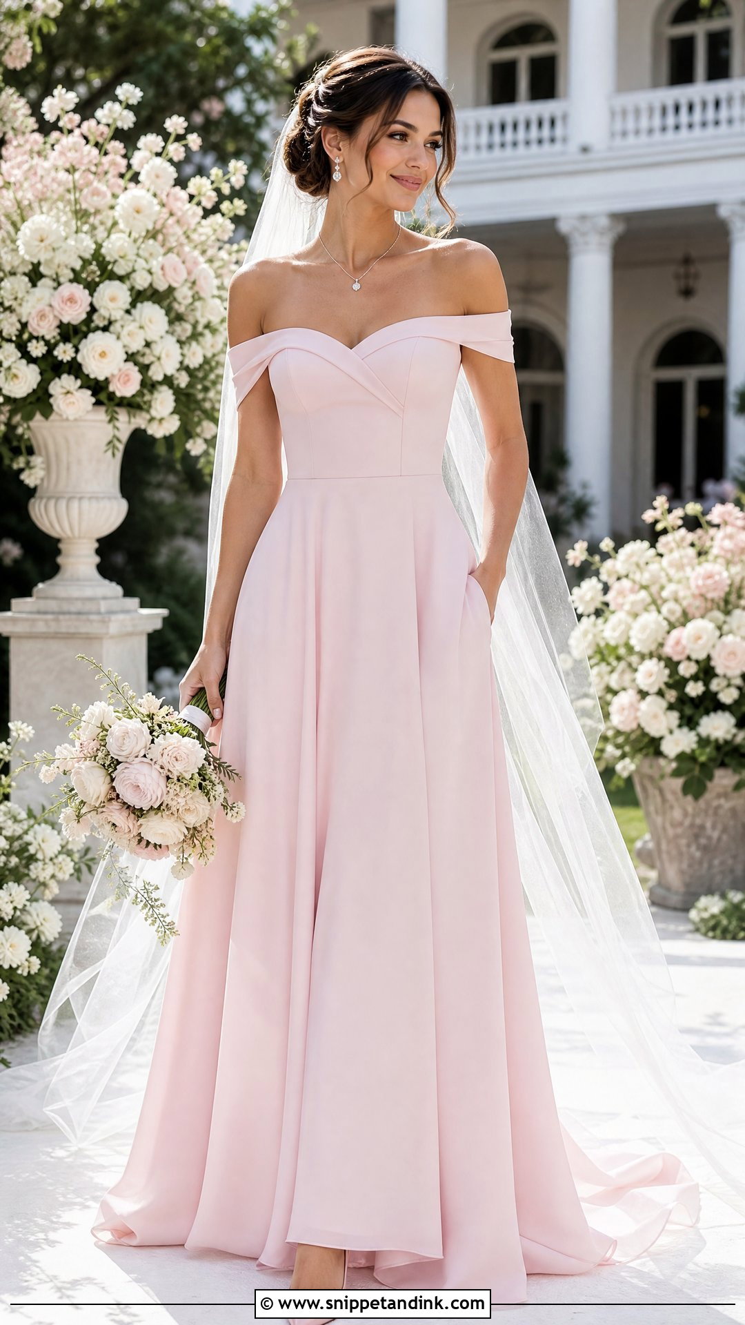 Baby Pink Off The Shoulder Wedding Dress - Snippet and Ink - 25 Baby Pink Wedding Dress Ideas