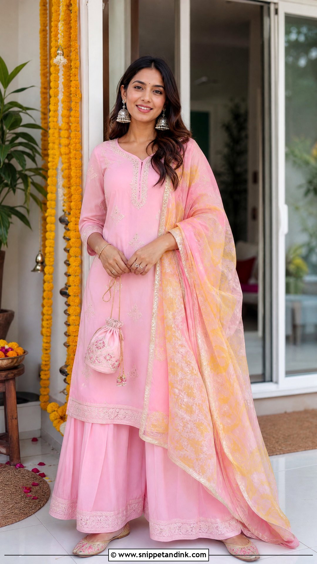 Baby Pink Palazzo Suit for Haldi - Snippet and Ink - 20 Pink Outfit for Haldi Ideas