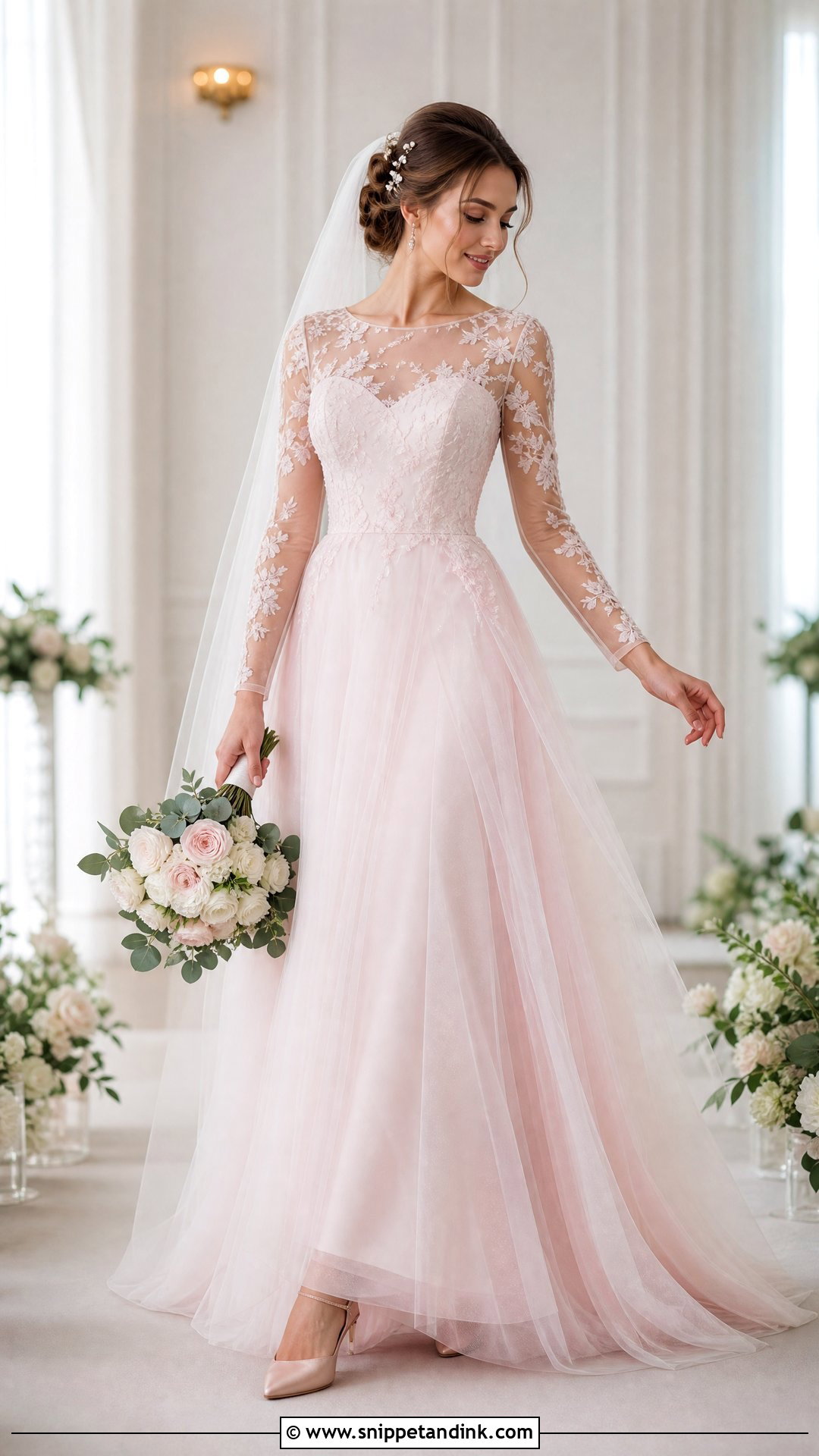 Baby Pink Sheer Sleeve Wedding Dress - Snippet and Ink - 25 Baby Pink Wedding Dress Ideas