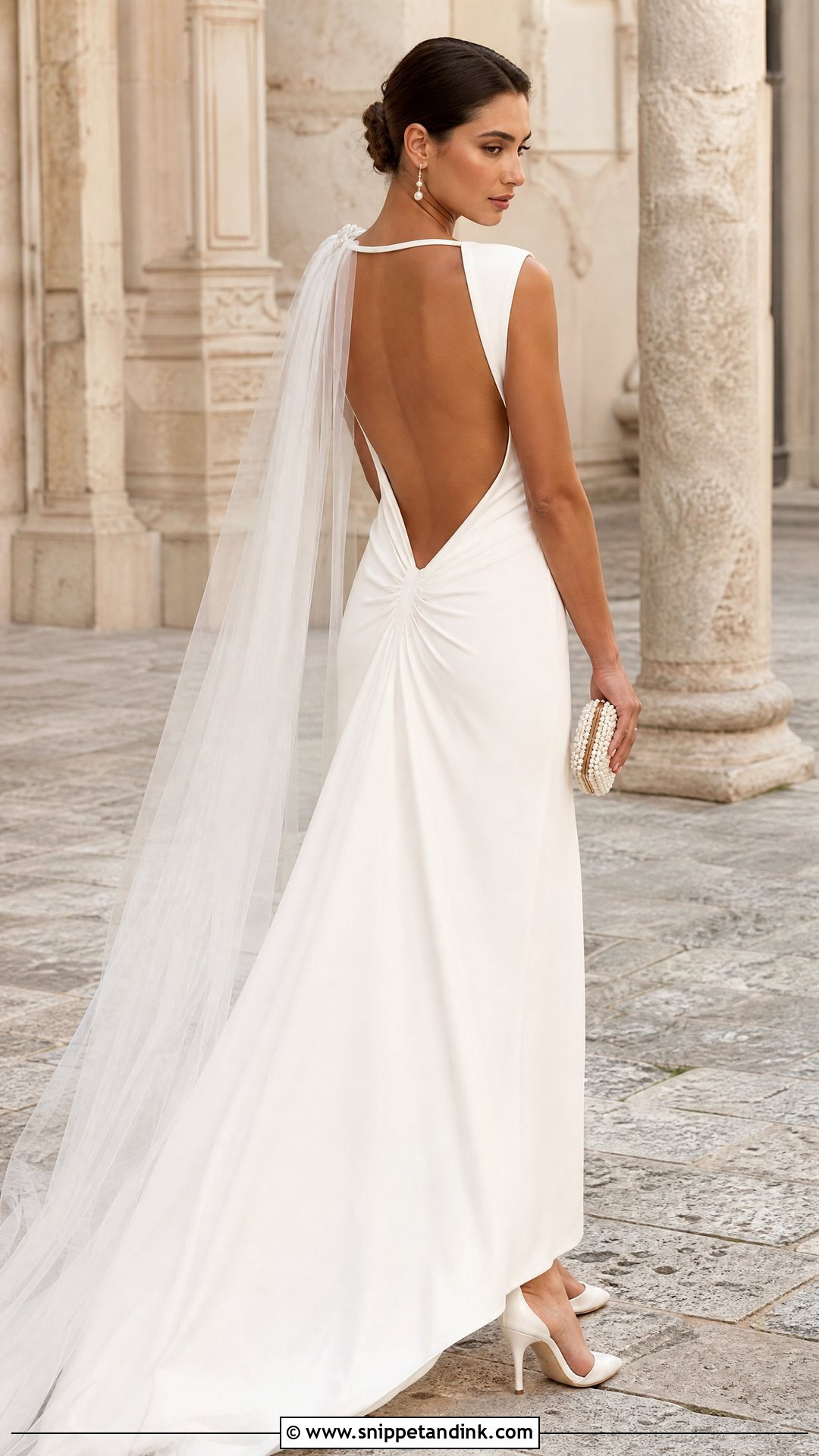 Backless Ancient Greek Wedding Dress With a Shoulder Veil - Snippet and Ink - 25 Ancient Greek Wedding Dress Ideas