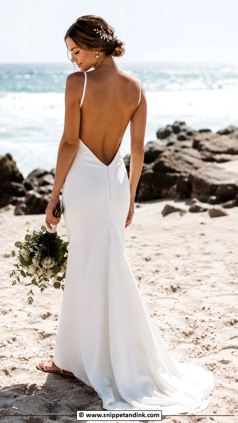 Backless Beach Bridal Dress With Pearl Hair Pins - Snippet and Ink - 30 Beach Bridal Dresses
