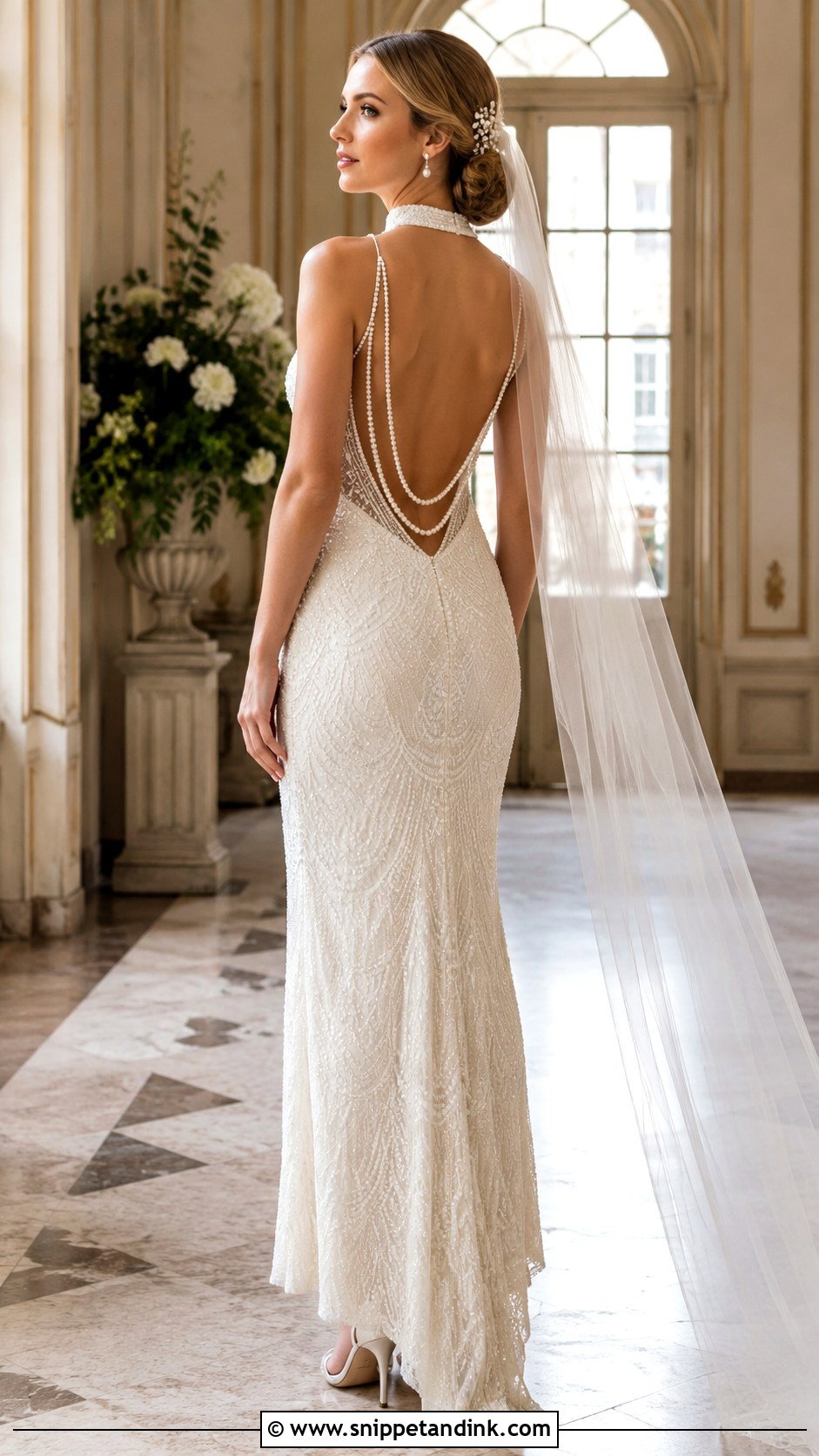 Backless Flapper Wedding Dress With Pearl Hair Comb - Snippet and Ink - 20 Flapper Wedding Dress Ideas