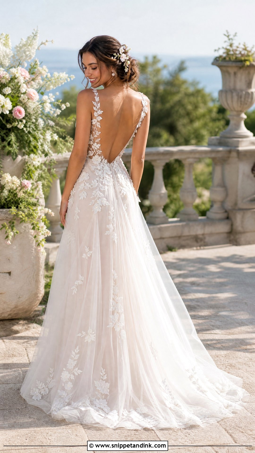 Backless Floral Applique Wedding Dress - Snippet and Ink - 35 Backless Wedding Dress Ideas