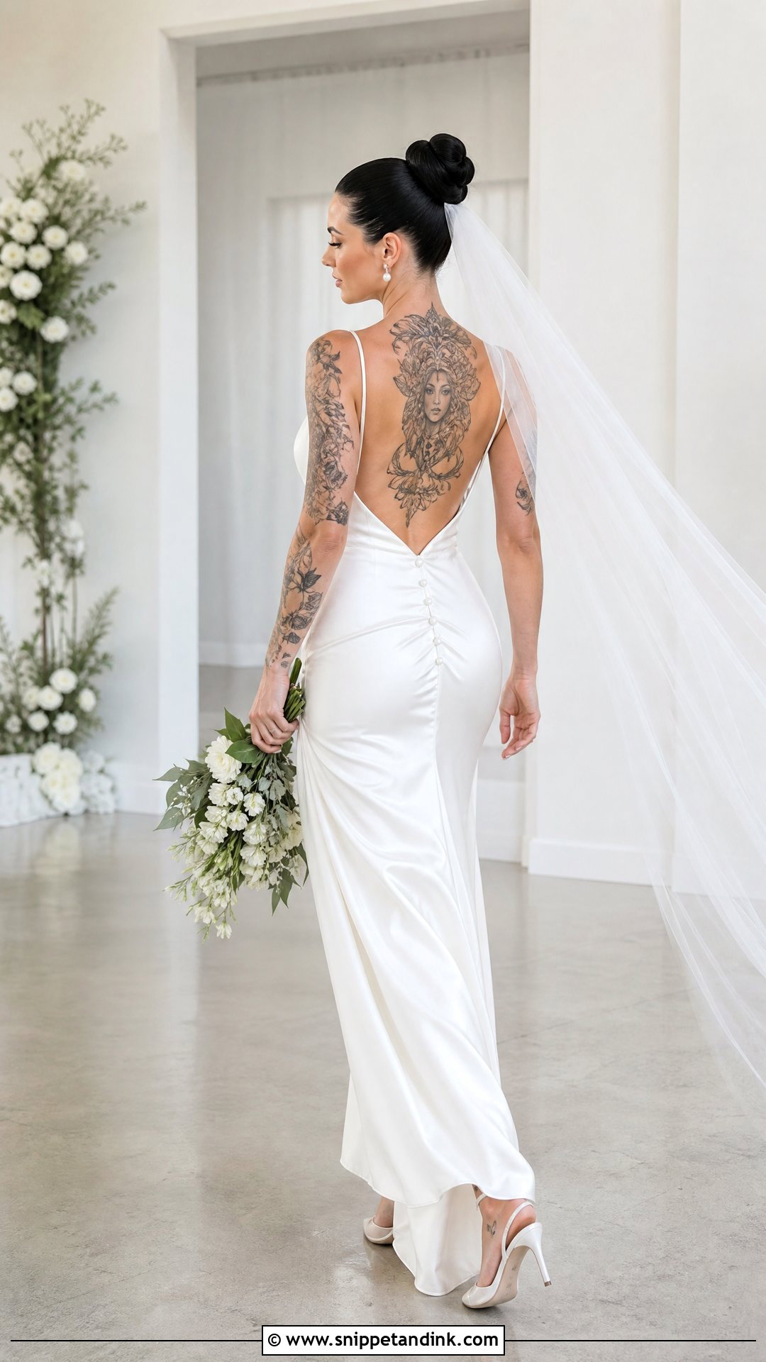 Backless Satin Wedding Dress With Back Tattoo - Snippet and Ink - 20 Tattoos in Wedding Dress Ideas