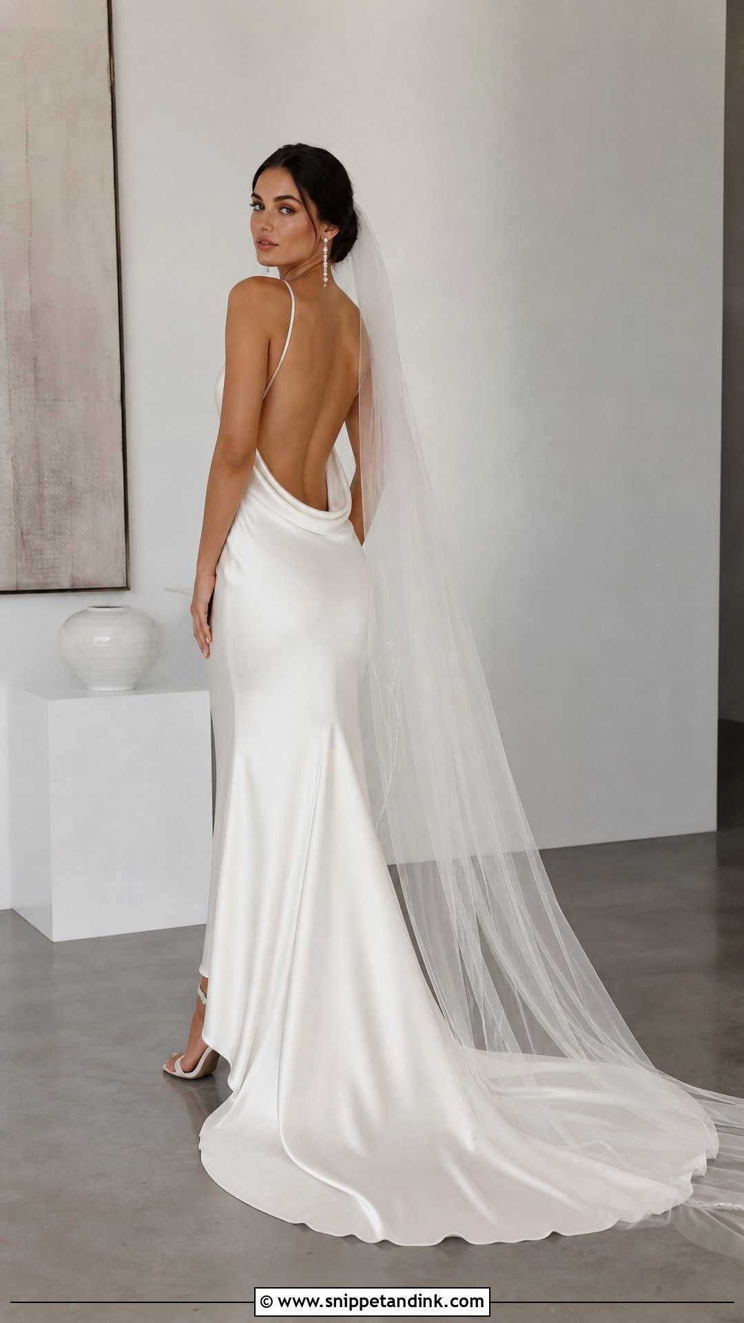 Backless Satin Wedding Dress With Drop Earrings - Snippet and Ink - 20 Sleek Wedding Dresses