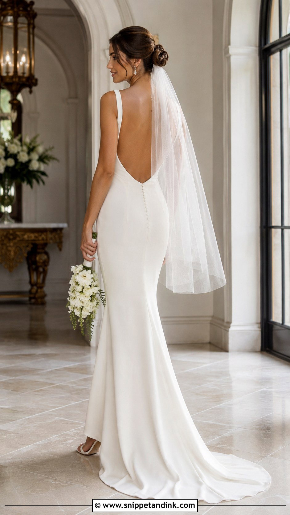 Backless Wedding Dress With Low Bun And Veil - Snippet and Ink - 20 Very Simple Wedding Dress Ideas