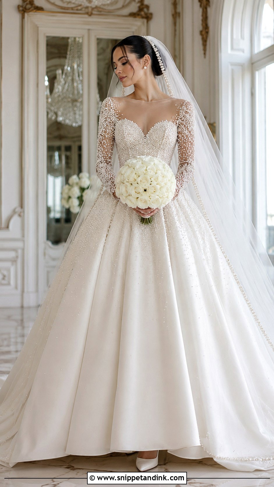 Ball Gown Beaded Wedding Dress With Pearl Sleeves - Snippet and Ink - 20 Long Sleeve Beaded Wedding Dress Ideas