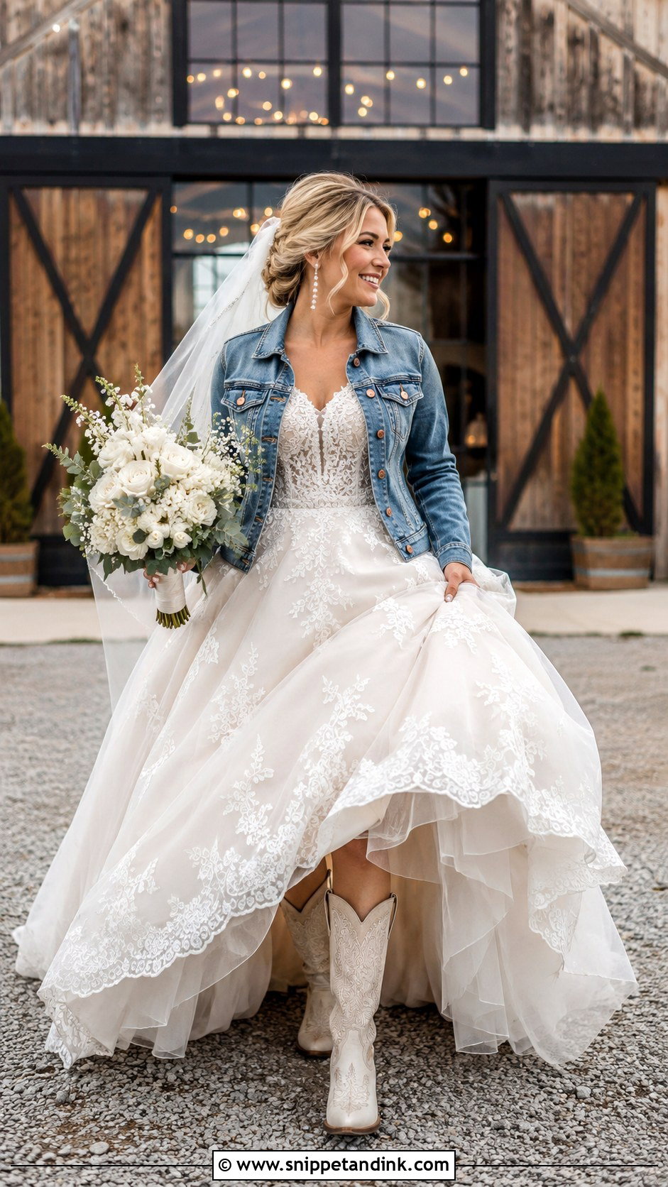 Ball Gown Cowboy Wedding Dress With Denim Jacket - Snippet and Ink - 20 Cowboy Wedding Dress Ideas