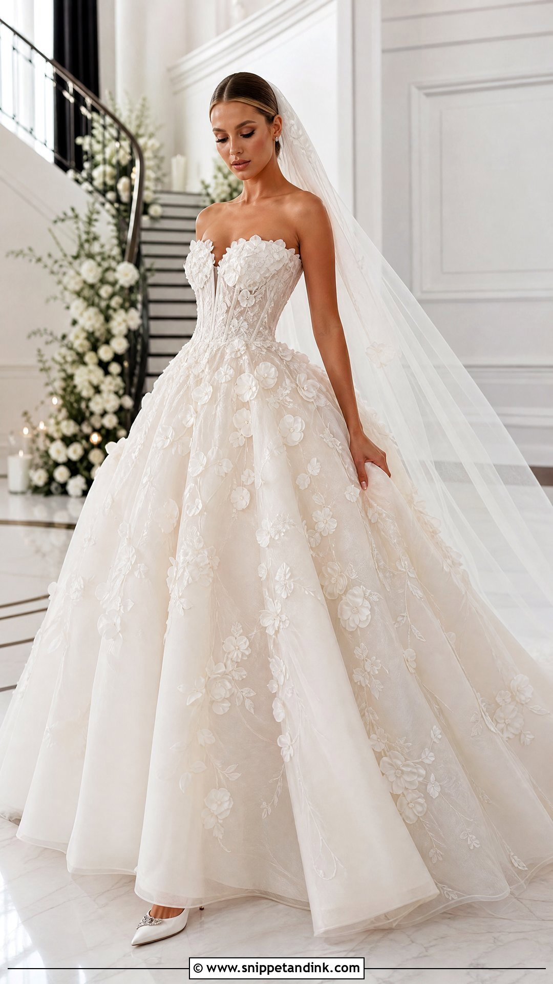 Ball Gown Wedding Dress With 3D Embroidered Flowers - Snippet and Ink - 20 Wedding Dress with Embroidered Flowers