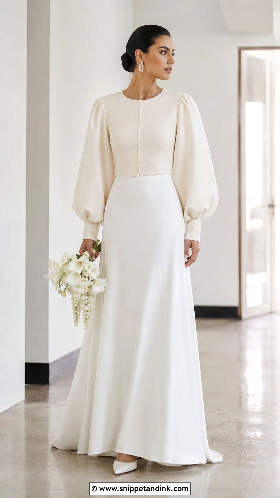 Balloon Sleeve Bridal Cardigan With Crepe Wedding Gown - Snippet and Ink - 20 Bridal Cardigan Ideas
