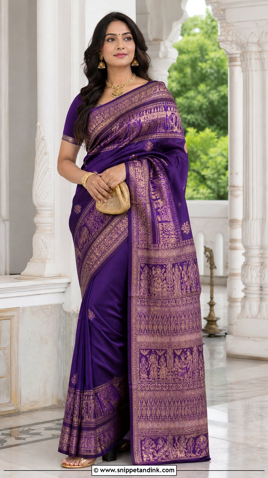 Baluchari Silk Saree With Traditional Jewelry - Snippet and Ink - 20 Traditional Indian Wedding Outfits