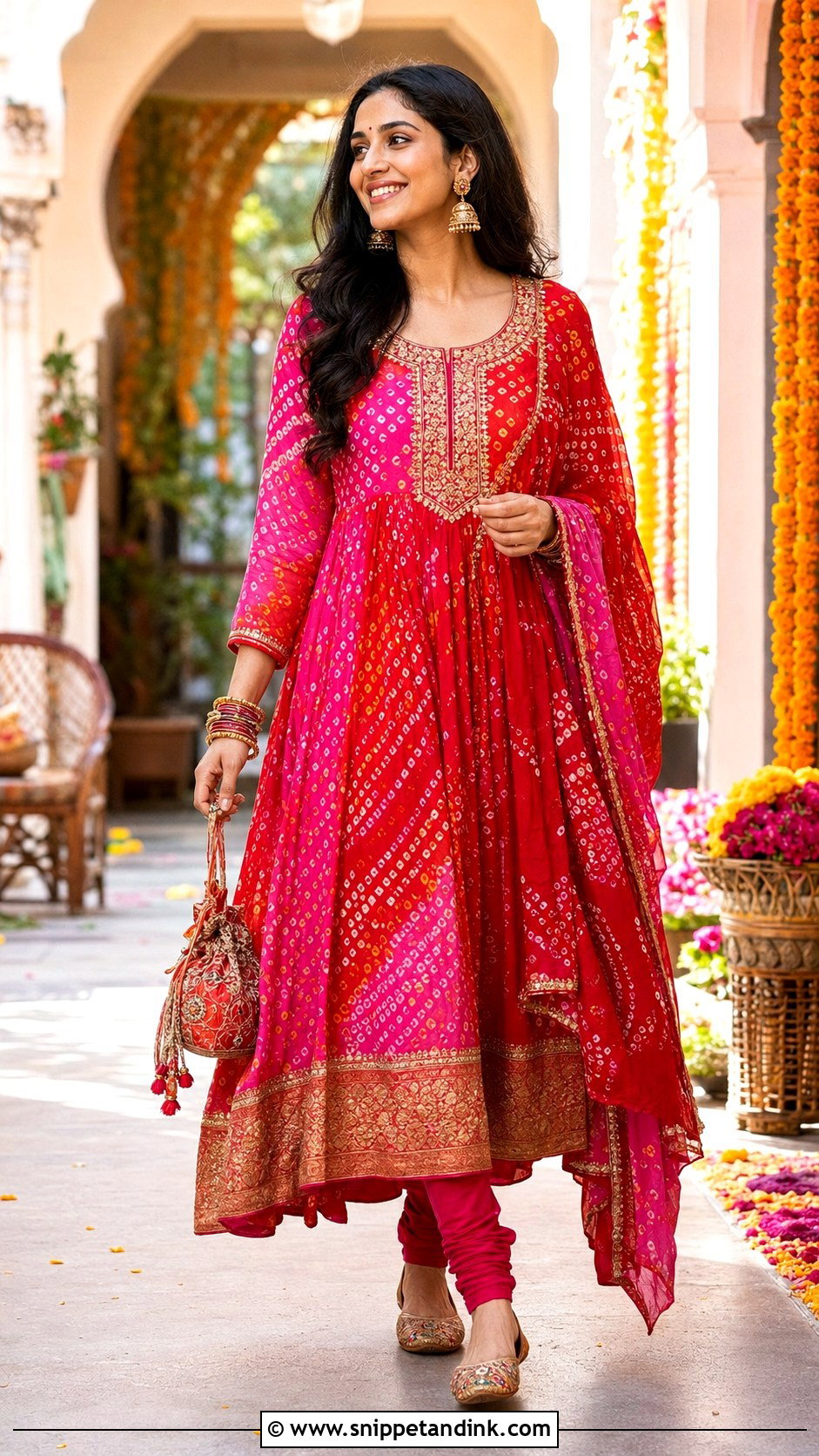 Banaras Bandhej Anarkali Dress With Gold Accessories - Snippet and Ink - 20 Banaras Anarkali Dresses