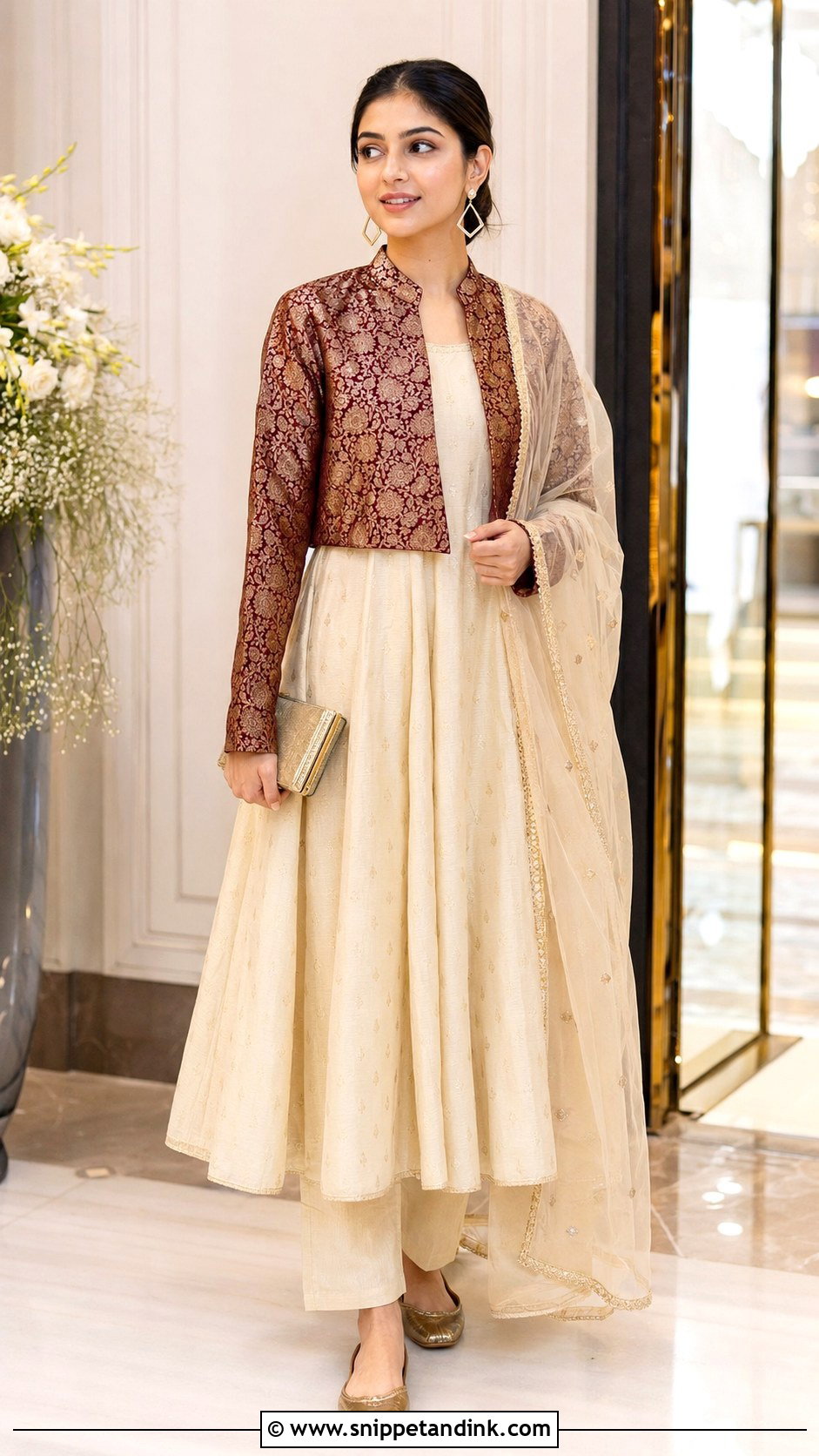 Banaras Jacket Anarkali Dress With Straight Pants - Snippet and Ink - 20 Banaras Anarkali Dresses